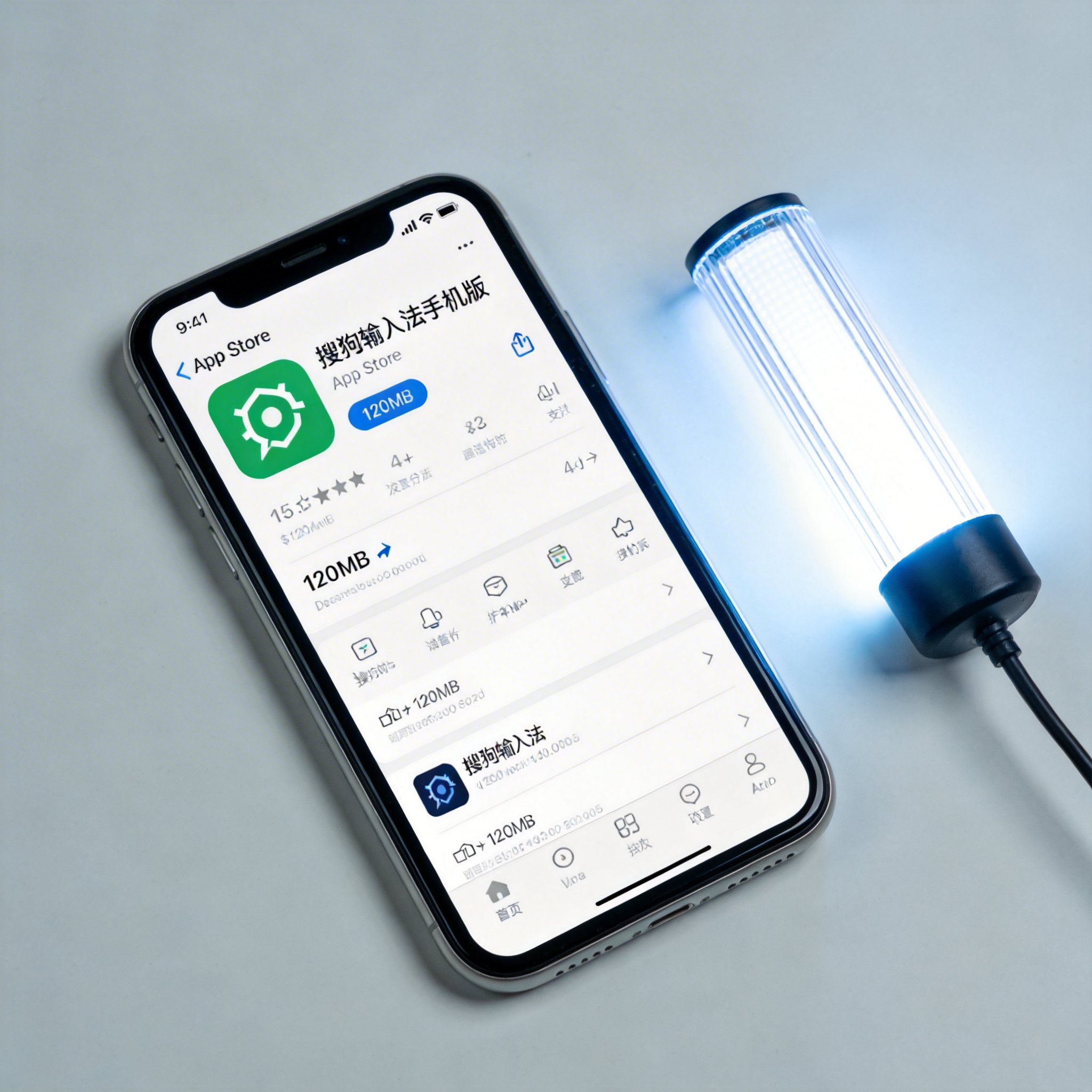 桌面的苹果手机，屏幕显示App Store下载页面，搜狗输入法手机版安装包显示120MB，台灯冷光