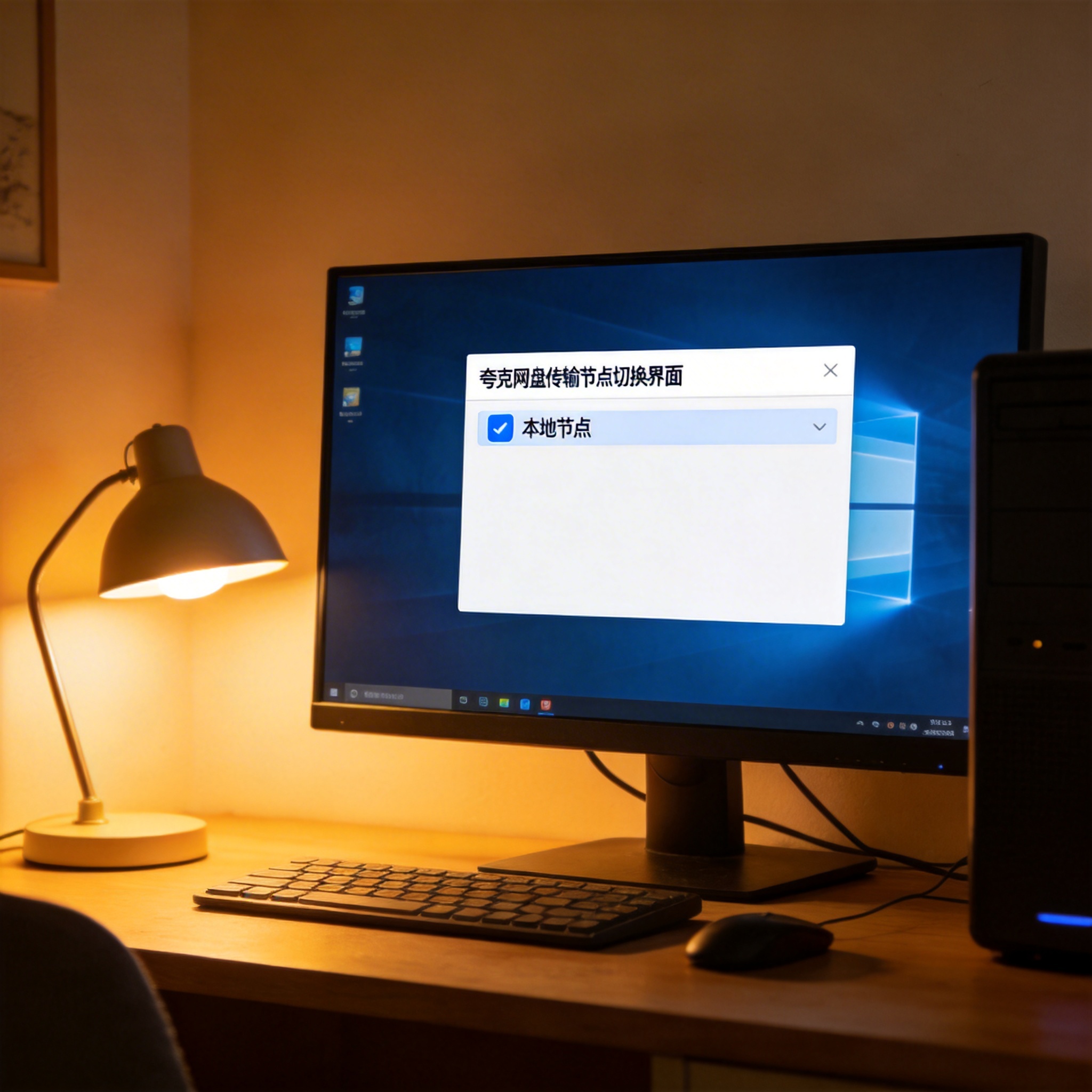 书桌前的台式电脑，屏幕显示夸克网盘传输节点切换界面，选中本地节点，台灯暖光