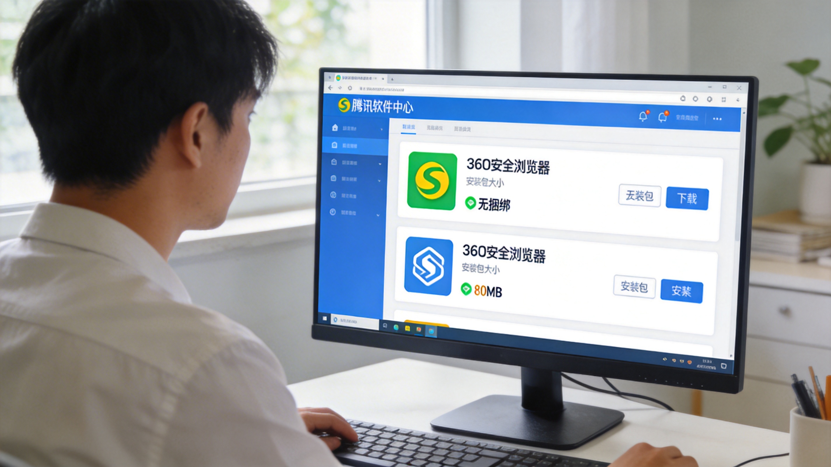 电脑桌面，屏幕显示腾讯软件中心页面，页面里有标注“无捆绑”的360安全浏览器下载项，安装包大小显示80MB，室内自然光