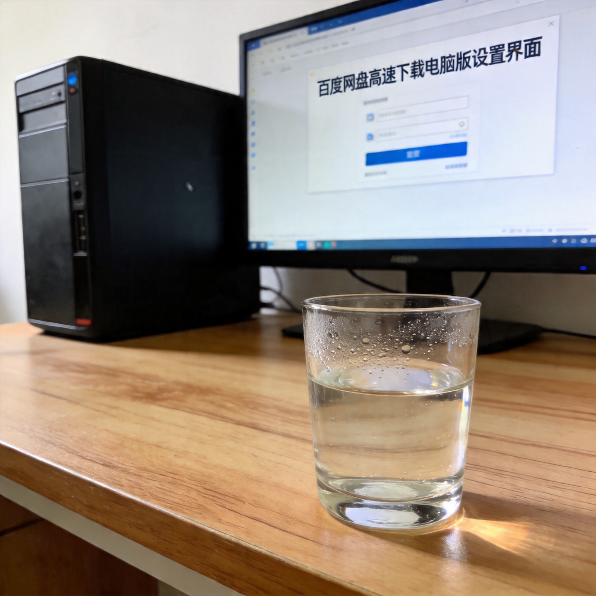 书桌上的主机，屏幕显示百度网盘高速下载电脑版设置界面，桌角放着水杯，自然光