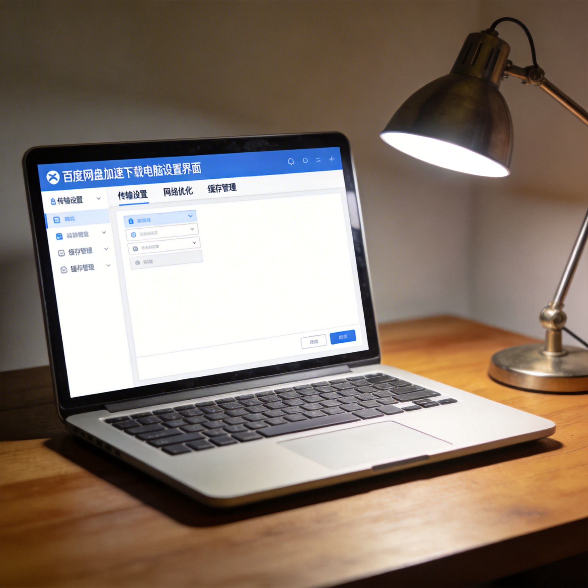 电脑桌上的电脑，屏幕显示百度网盘加速下载电脑设置界面，旁边放着台灯
