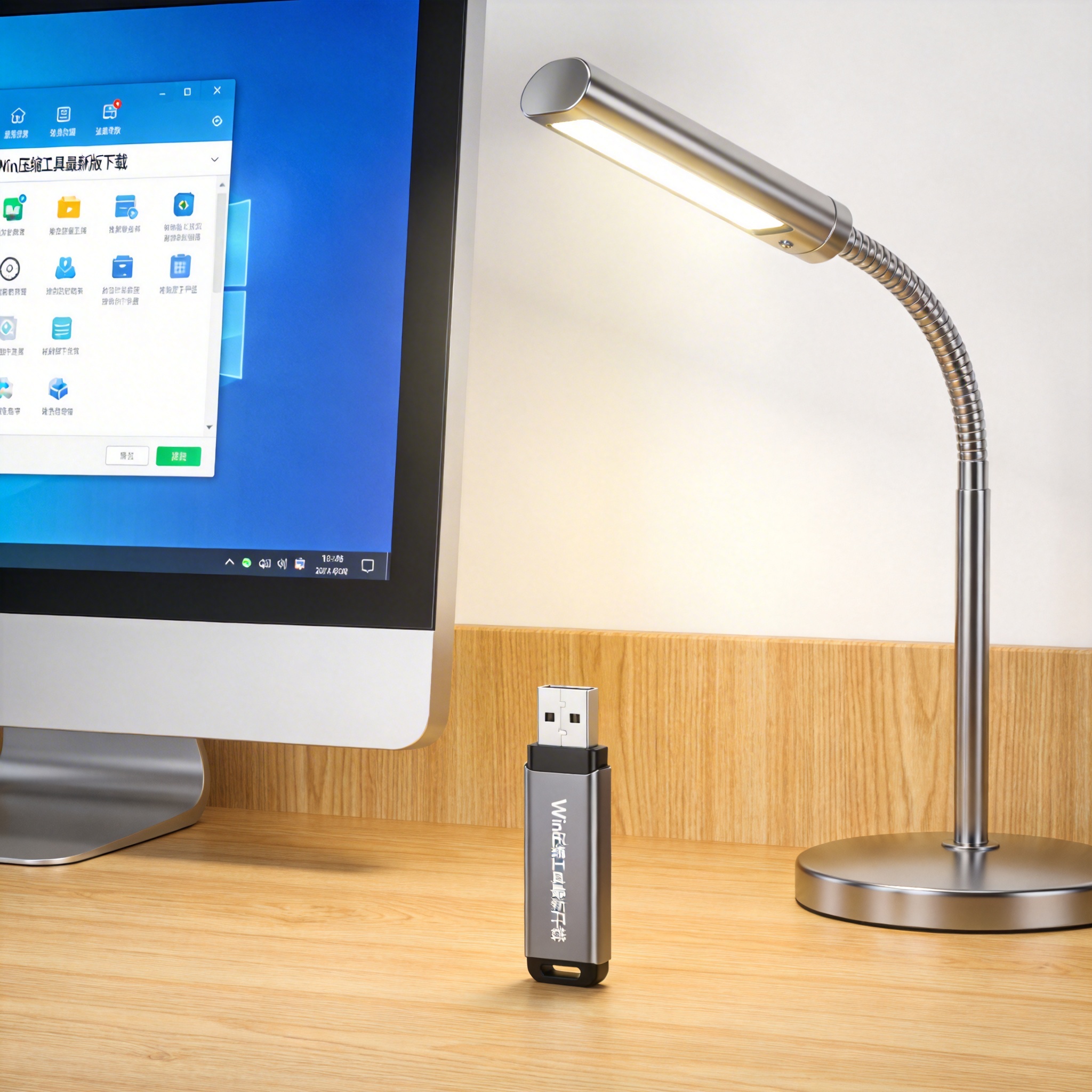 电脑桌上的U盘，屏幕显示win 压缩工具最新版下载菜单，旁边放着台灯