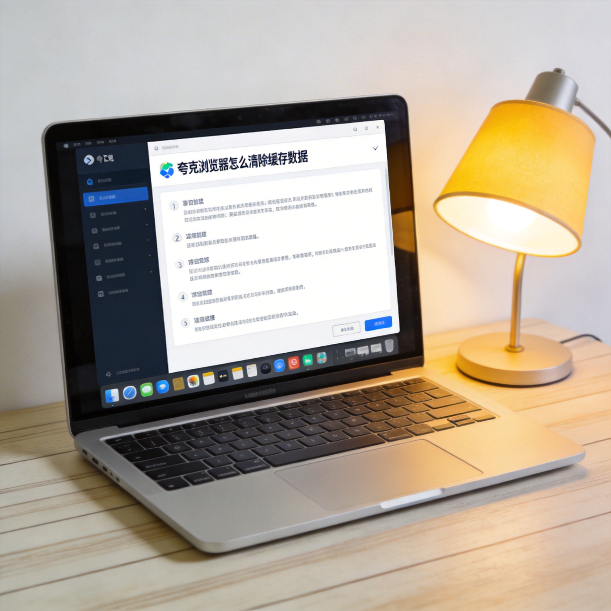 电脑桌上的电脑，屏幕显示夸克浏览器怎么清除缓存数据界面，旁边放着台灯