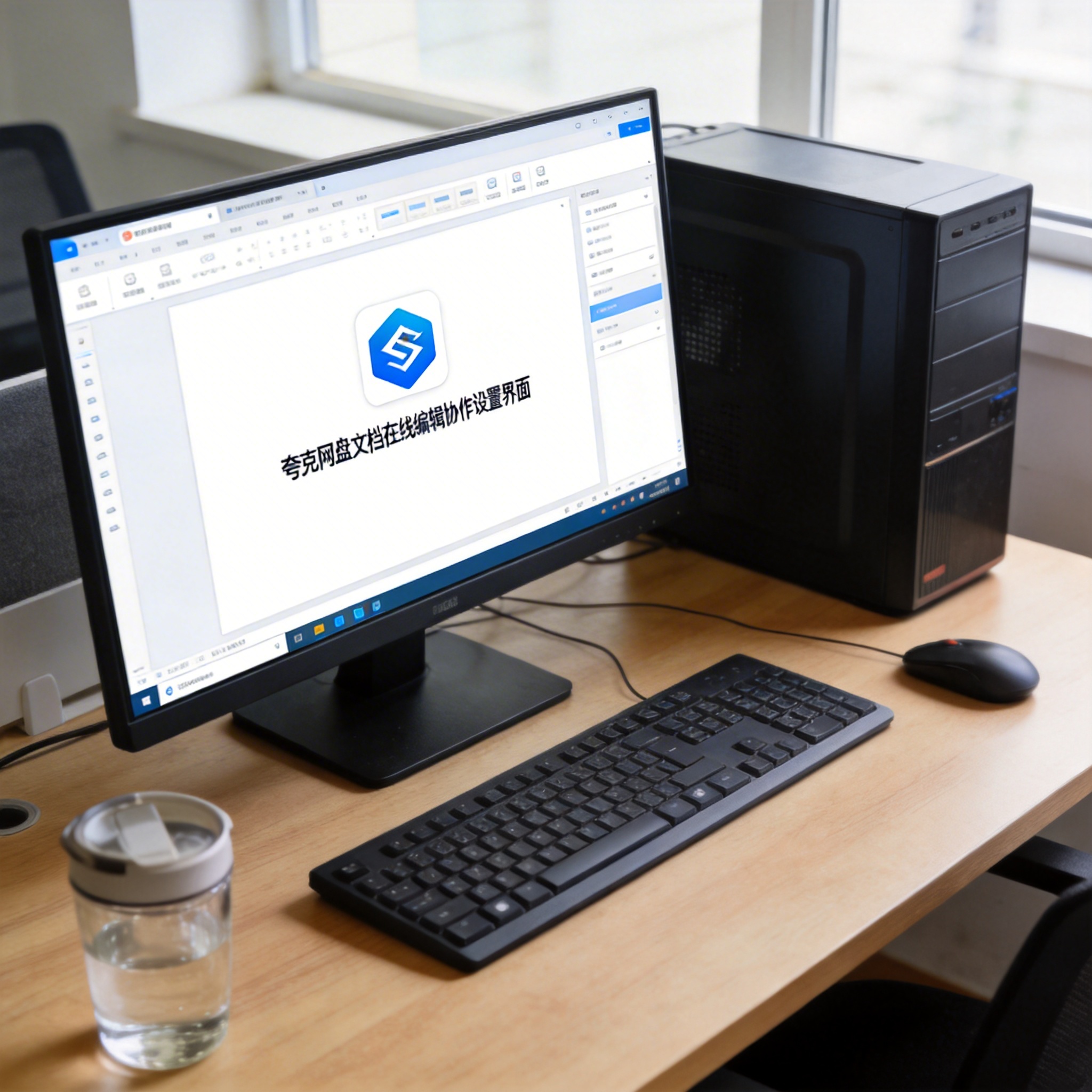 书桌上的主机，屏幕显示夸克网盘文档在线编辑协作设置界面，桌角放着水杯，自然光