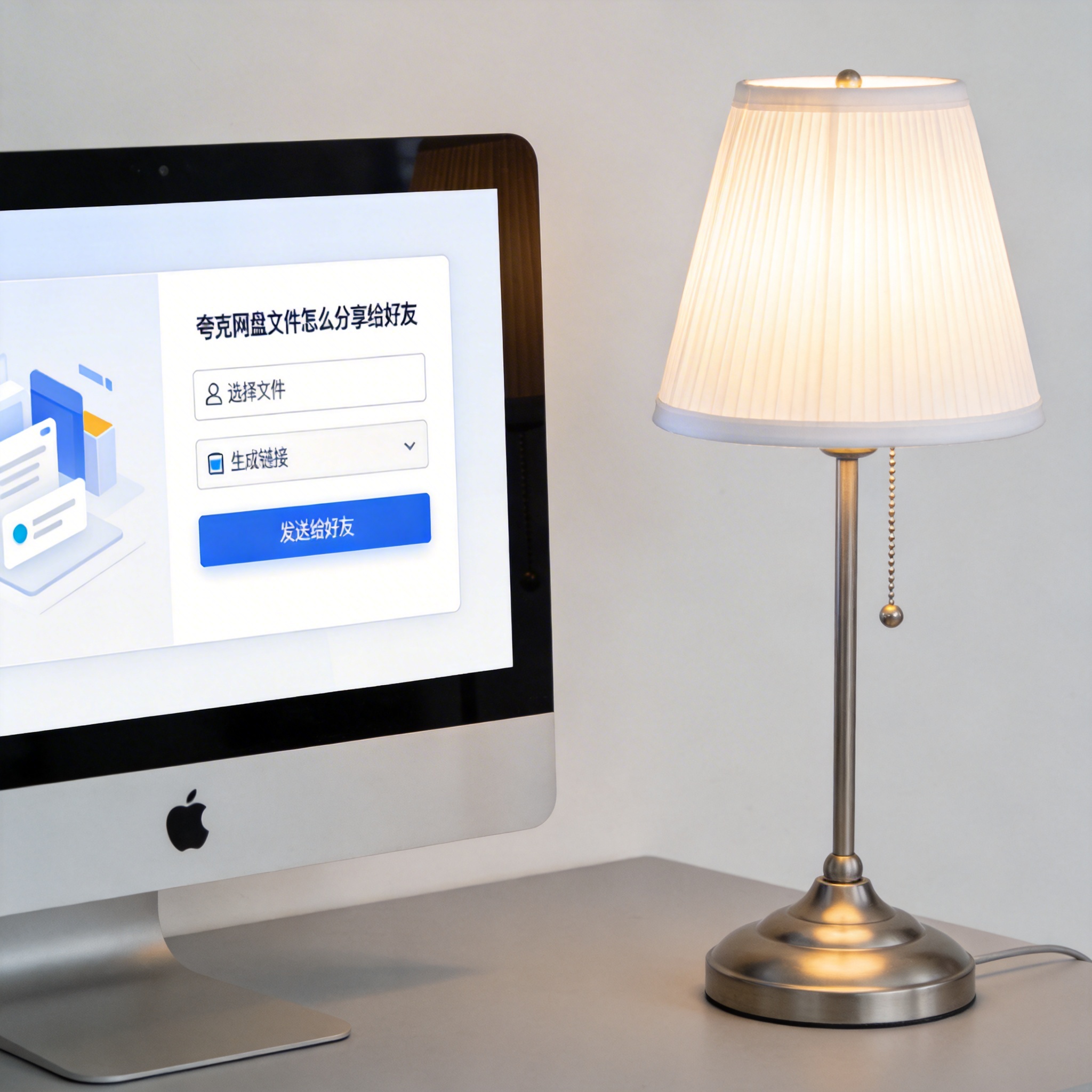 电脑桌上的电脑，屏幕显示夸克网盘文件怎么分享给好友界面，旁边放着台灯