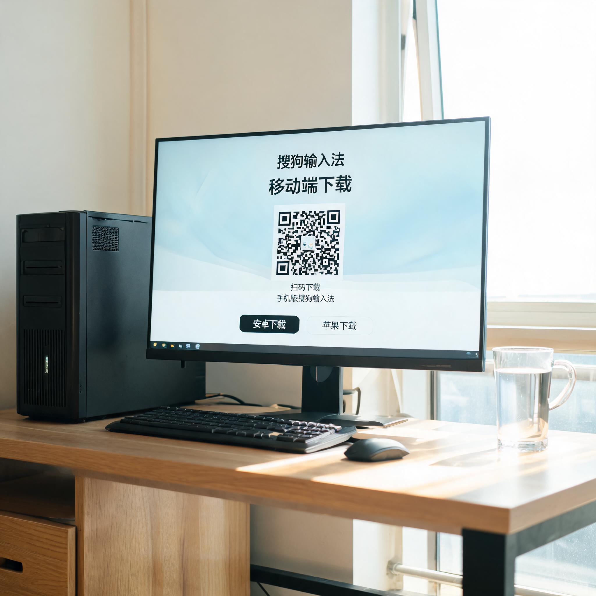 书桌上的主机，屏幕显示移动端搜狗输入法下载设置界面，桌角放着水杯，自然光