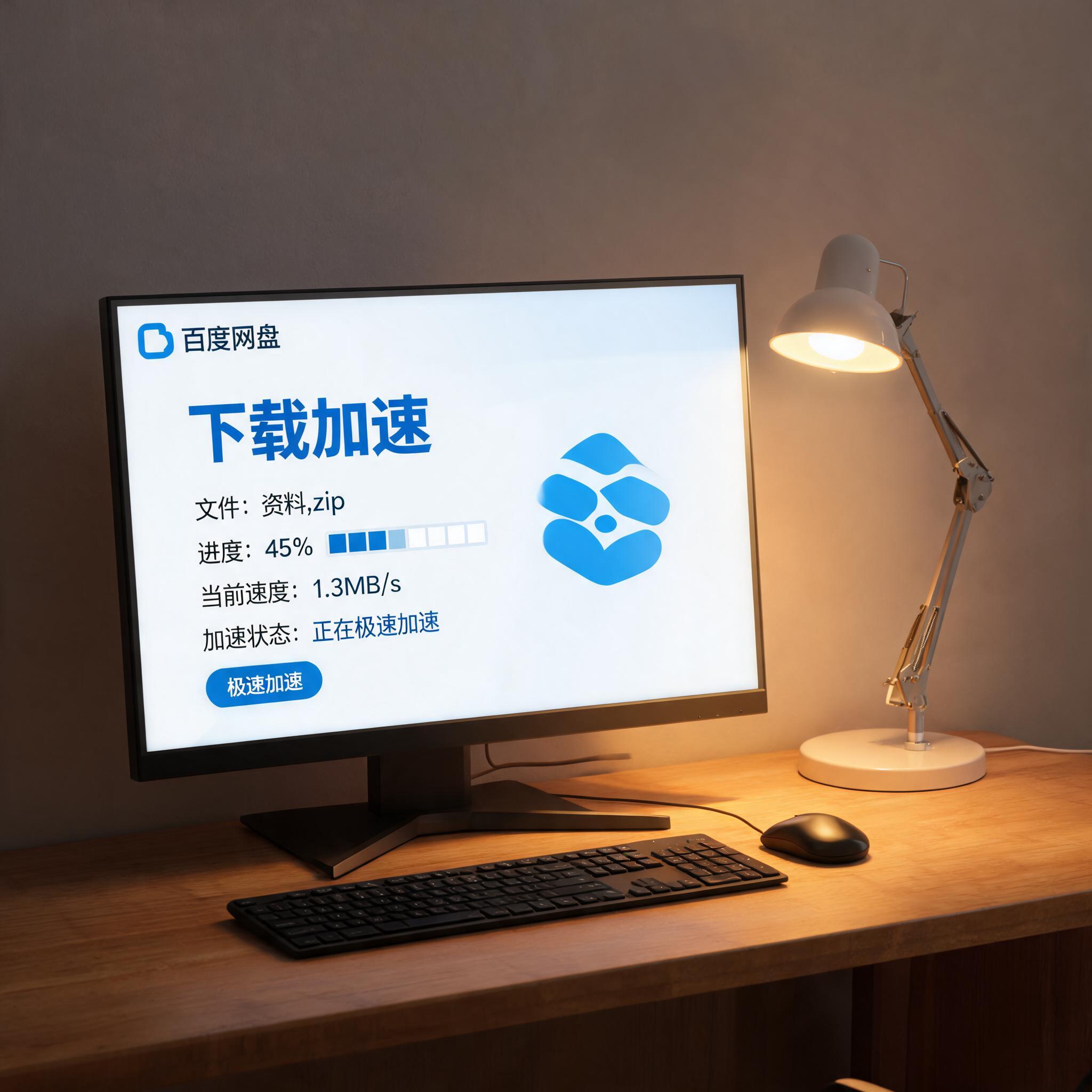 电脑桌上的电脑，屏幕显示百度网盘下载加速电脑界面，旁边放着台灯