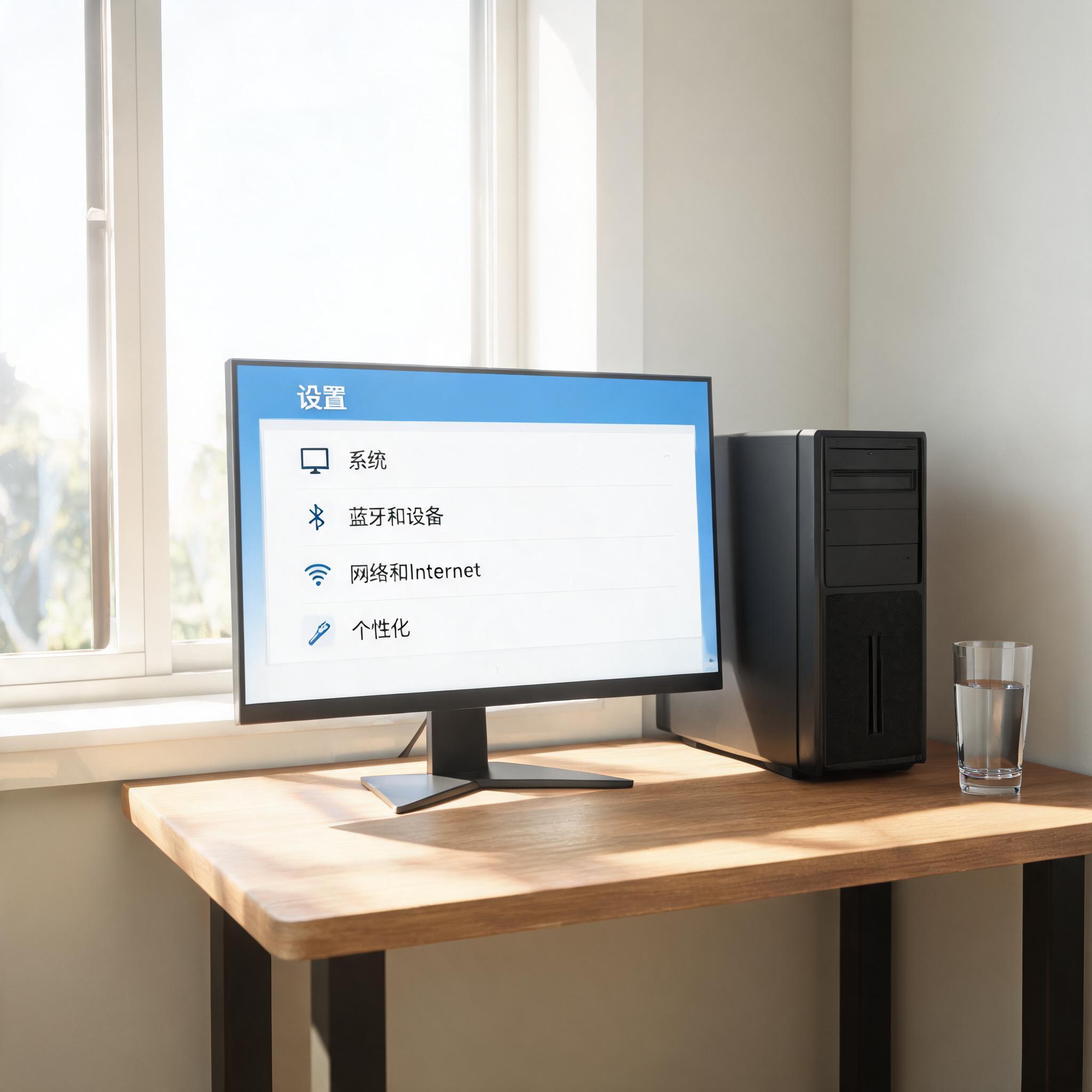 书桌上的主机，屏幕显示Windows设置界面，桌角放着水杯，自然光