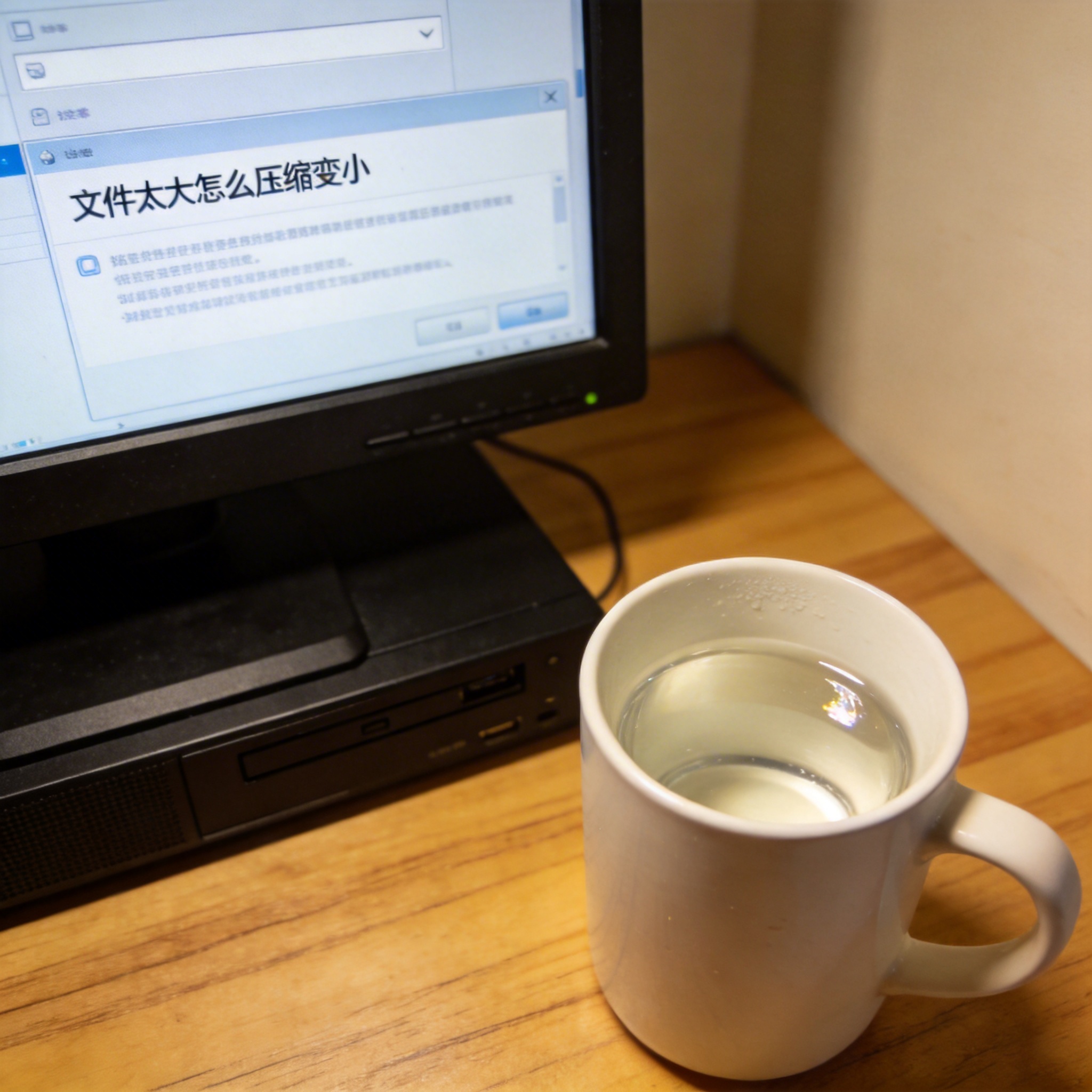 书桌上的主机，屏幕显示文件太大怎么压缩变小设置界面，桌角放着水杯，自然光