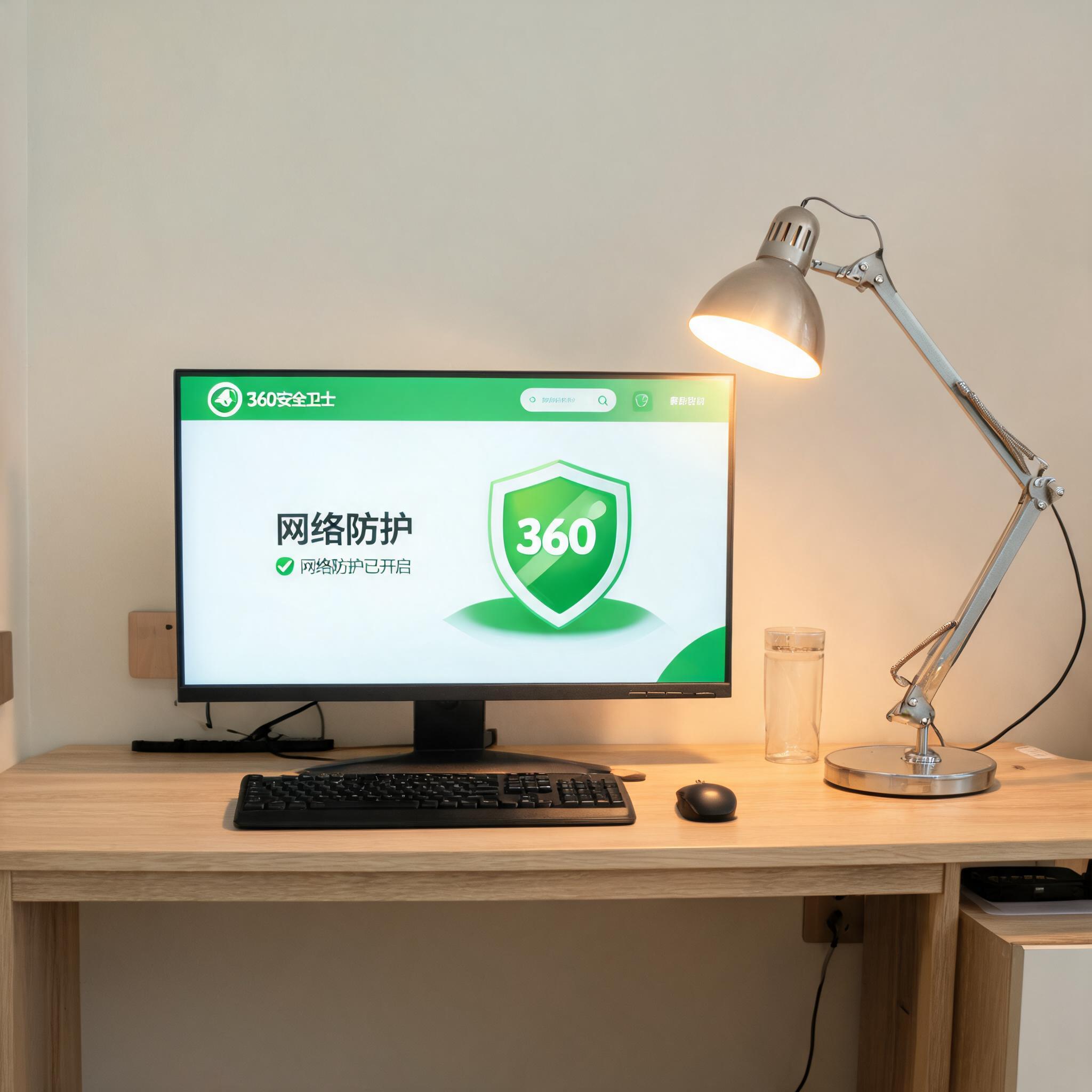电脑桌上的电脑，屏幕显示360 安全卫士网络防护界面，旁边放着台灯