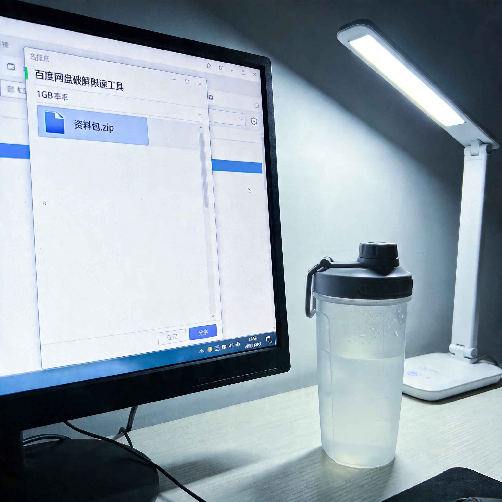 电脑屏幕显示百度网盘破解限速工具的文件选择界面，选中一个1GB大小的文件，旁边的桌面放着普通塑料水杯，台灯冷光