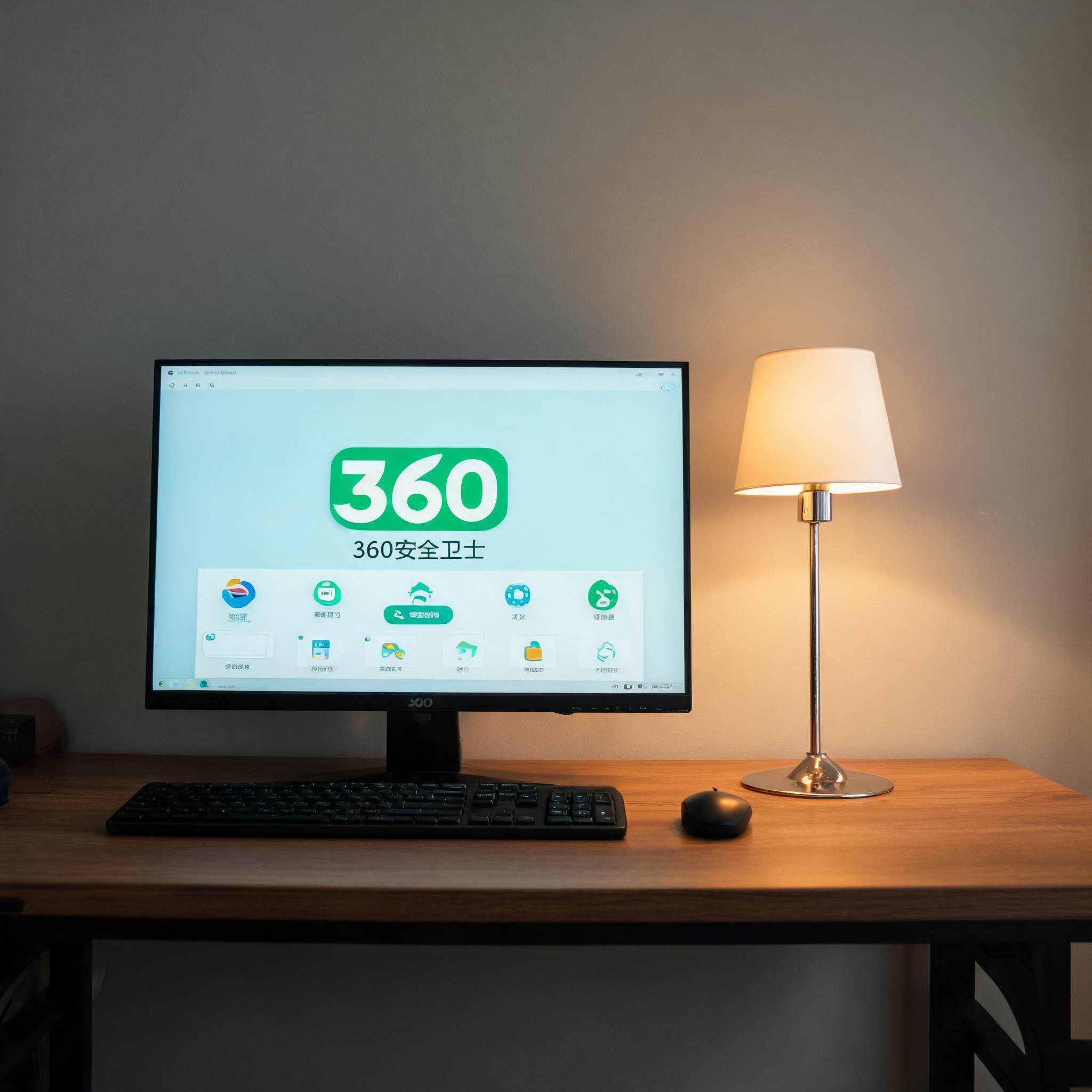 电脑桌上的电脑，屏幕显示360界面，旁边放着台灯