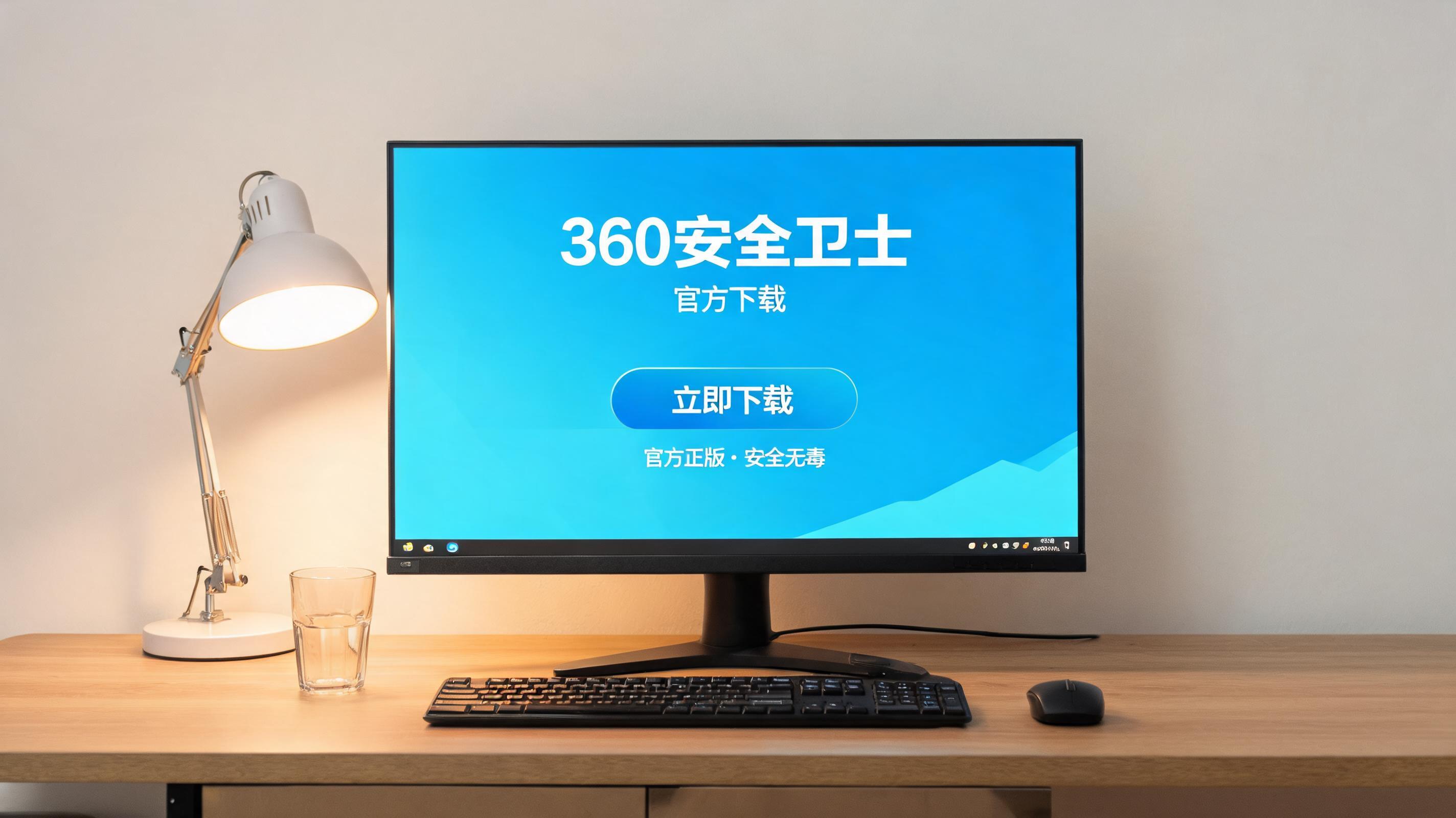 电脑桌上的电脑，屏幕显示360 官方安全卫士下载菜单，旁边放着台灯