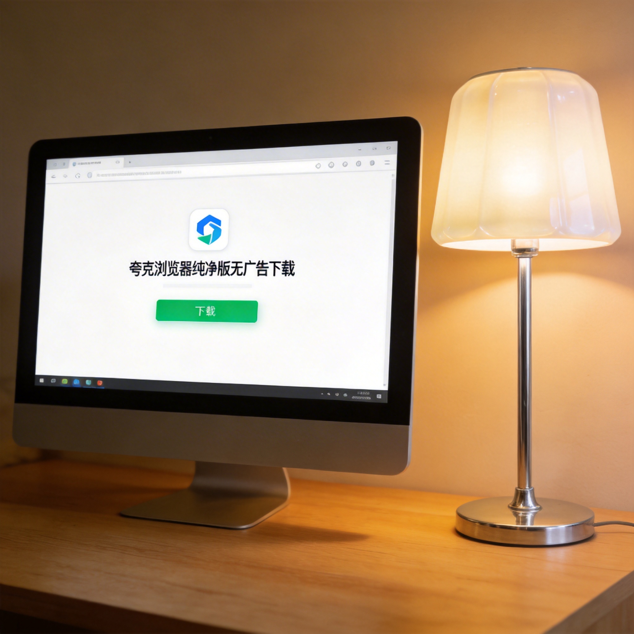 电脑桌上的电脑，屏幕显示夸克浏览器纯净版无广告下载界面，旁边放着台灯
