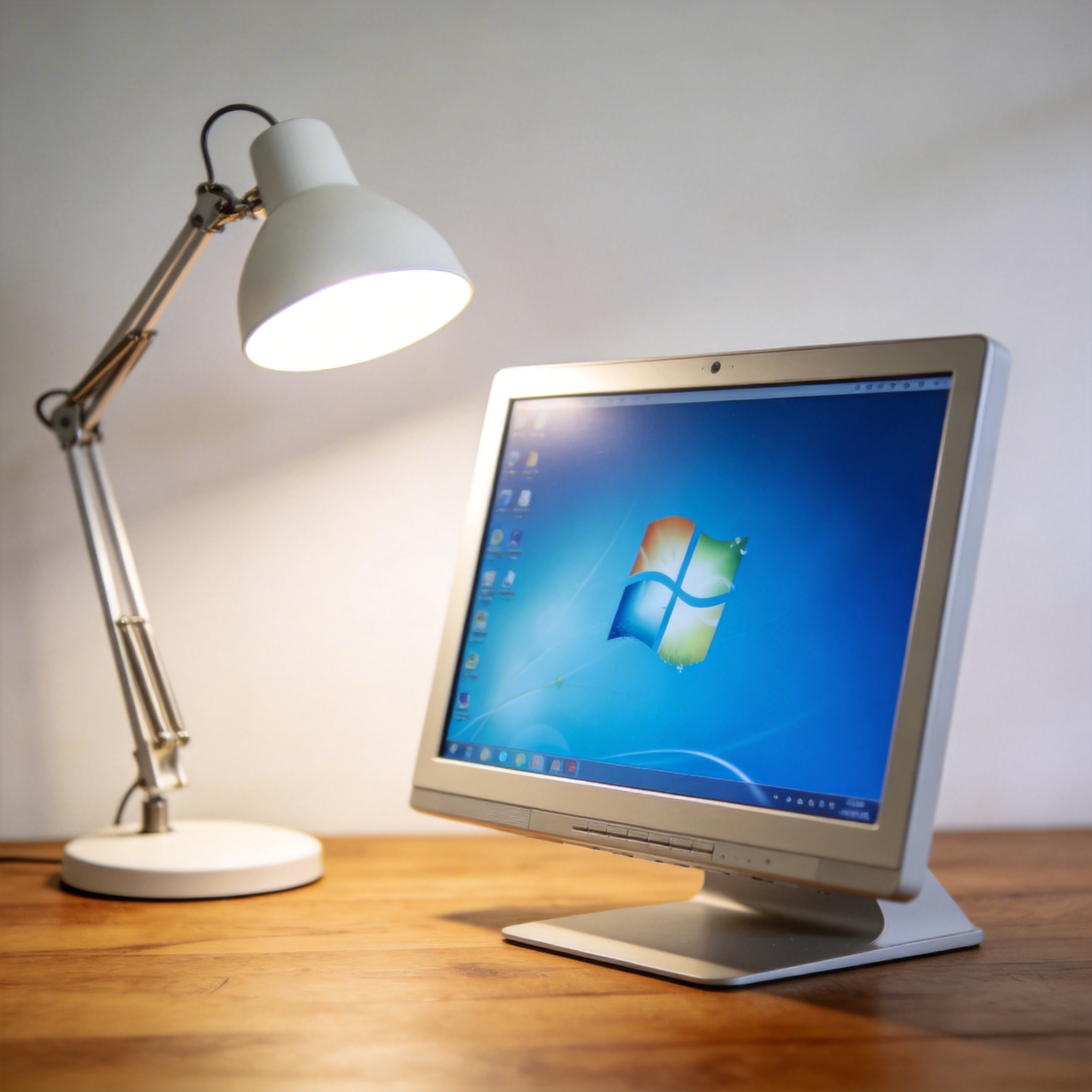 电脑桌上的电脑，屏幕显示Windows界面，旁边放着台灯