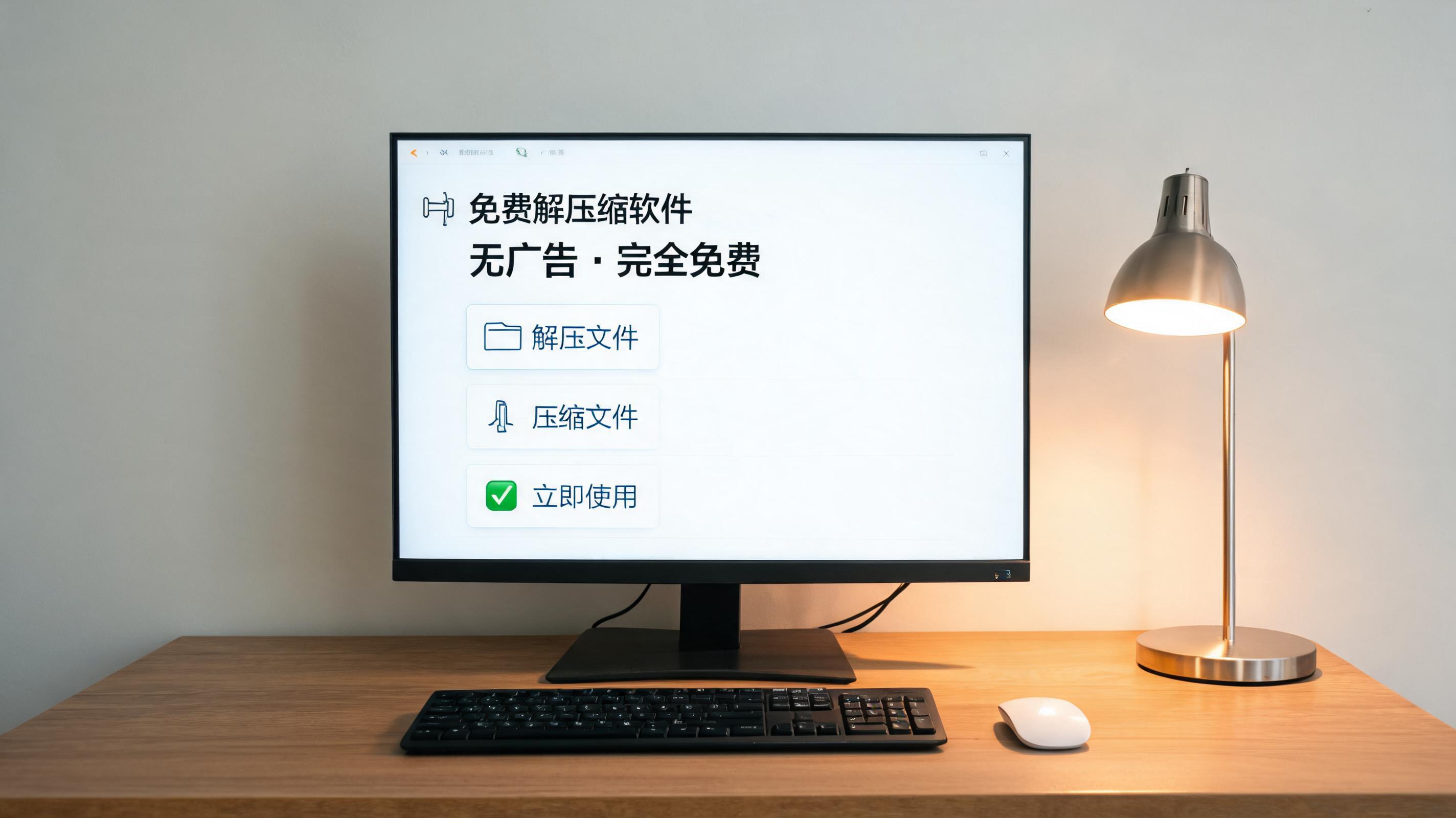 电脑桌上的电脑，屏幕显示无广告解压缩软件免费界面，旁边放着台灯