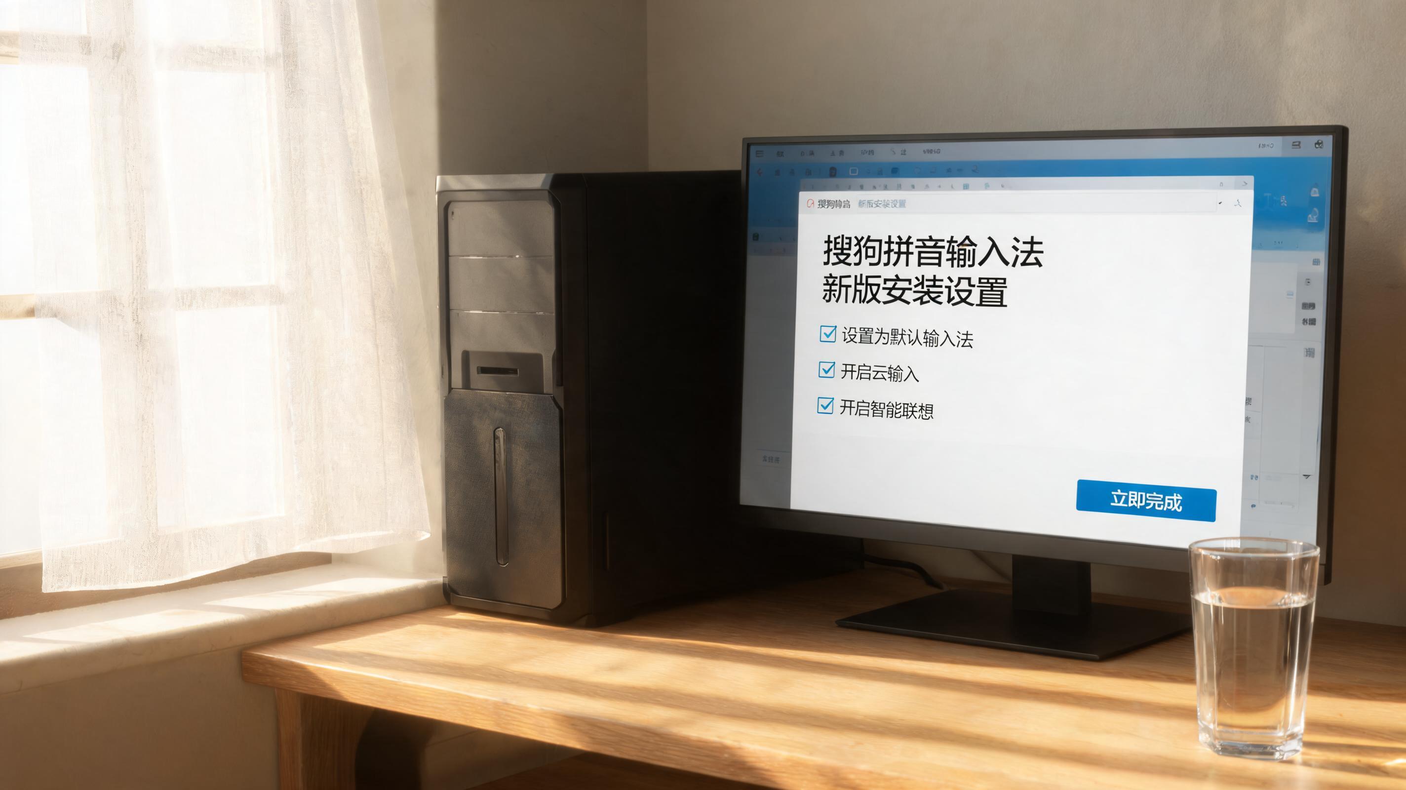 书桌上的主机，屏幕显示搜狗拼音输入法新版安装设置界面，桌角放着水杯，自然光