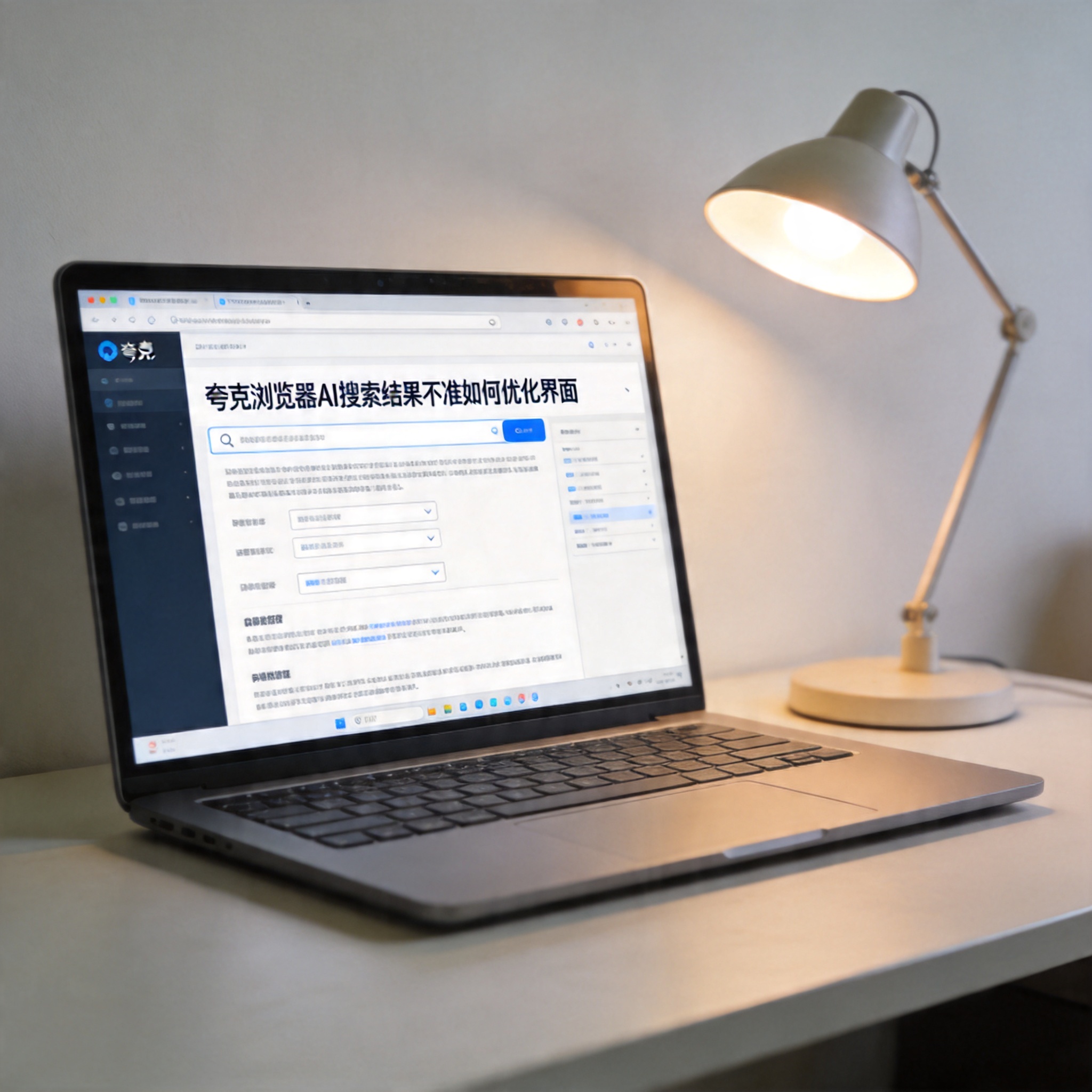 电脑桌上的电脑，屏幕显示夸克浏览器 AI 搜索结果不准如何优化界面，旁边放着台灯