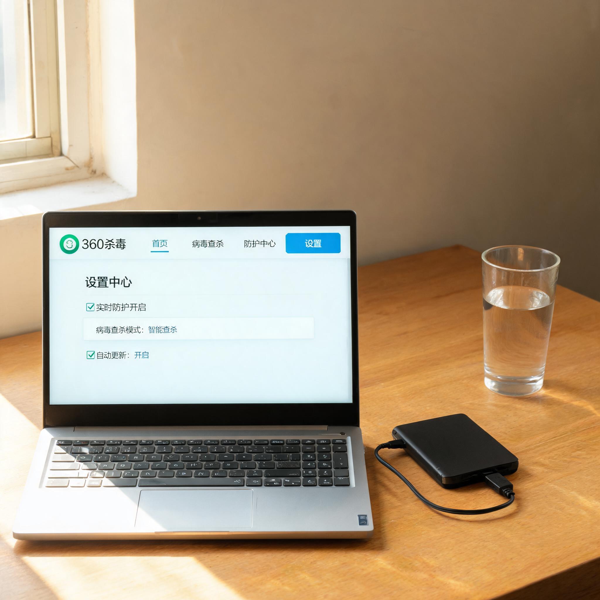 书桌上的硬盘，屏幕显示360 杀毒电脑客户端设置界面，桌角放着水杯，自然光