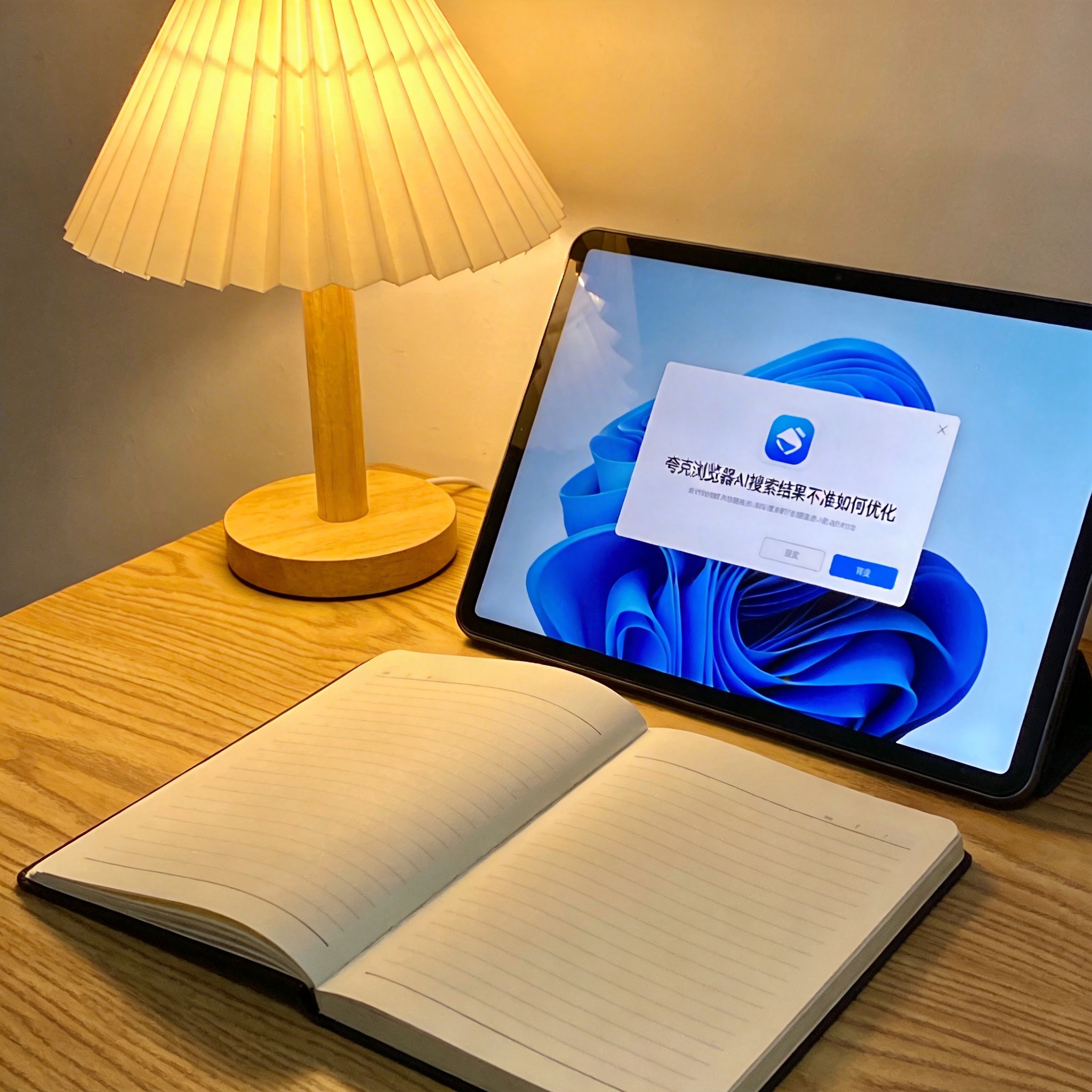 电脑桌上的笔记本，屏幕显示夸克浏览器 AI 搜索结果不准如何优化对话框，旁边放着台灯