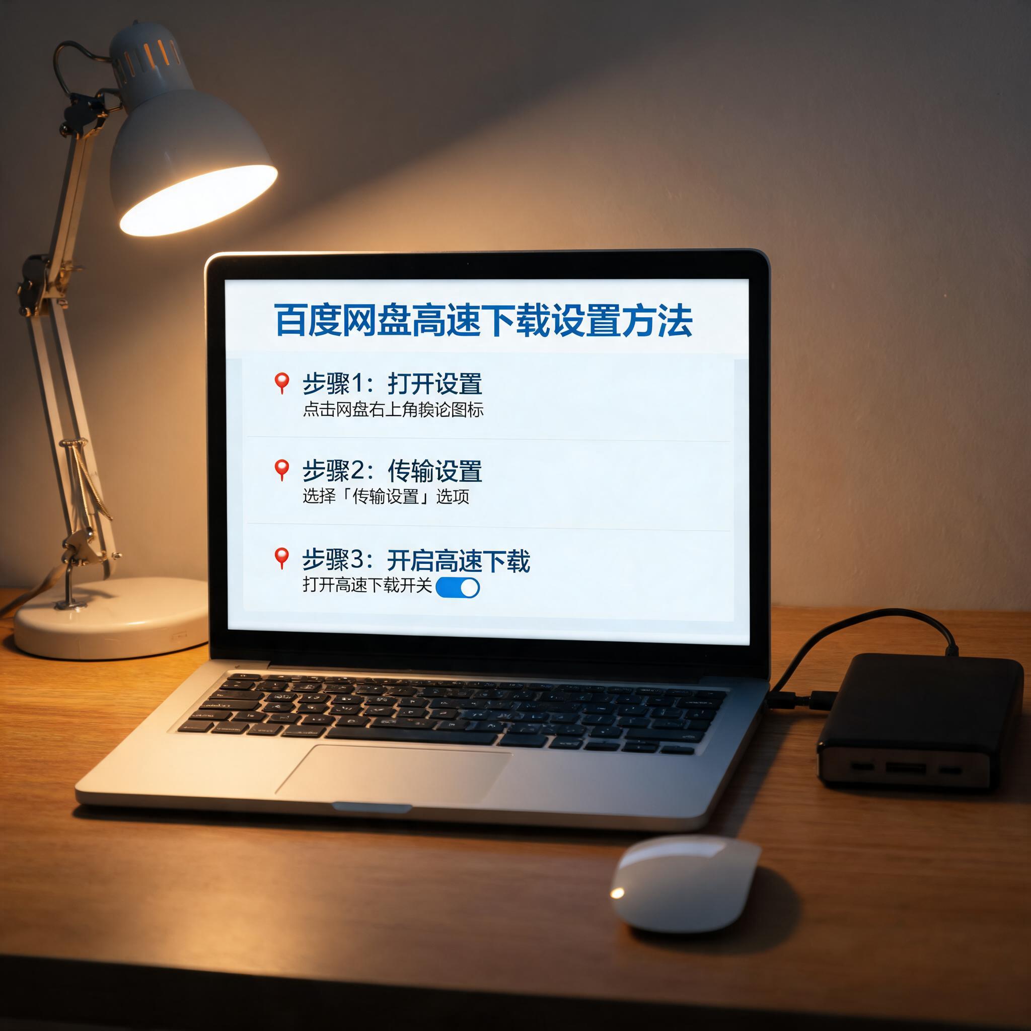 电脑桌上的硬盘，屏幕显示百度网盘高速下载设置方法分区，旁边放着台灯