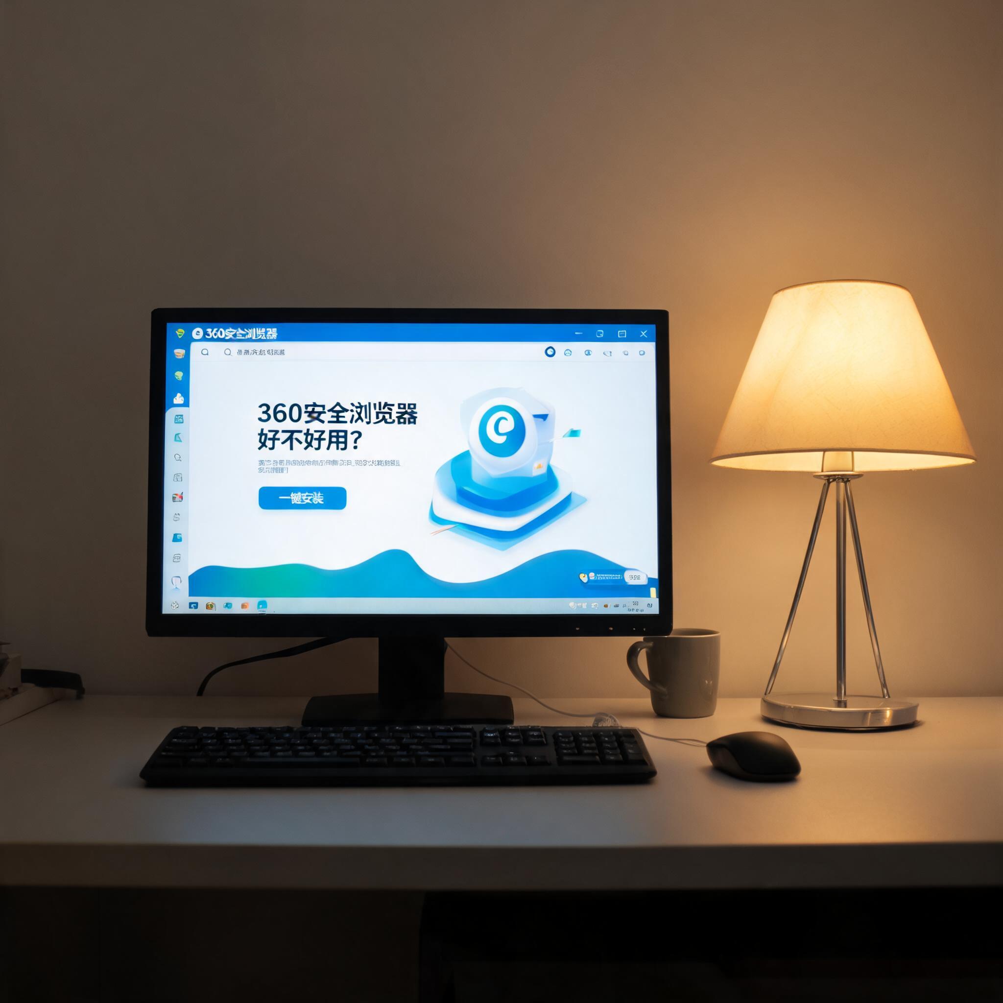 电脑桌上的电脑，屏幕显示360 安全浏览器好不好用安装界面，旁边放着台灯