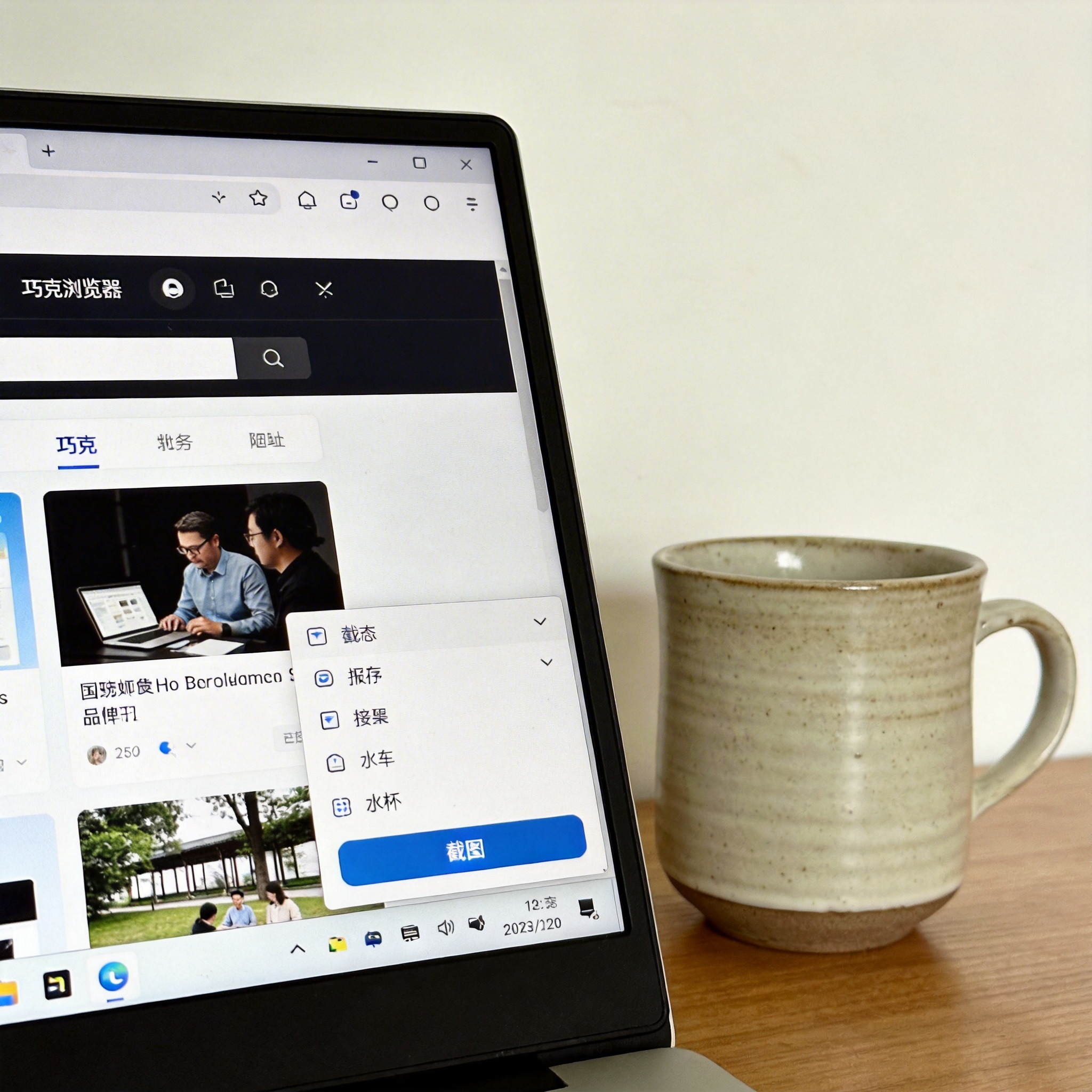 电脑桌的屏幕显示夸克浏览器网页，底部菜单展开，工具栏里的截图功能选项亮着，桌面放着陶瓷水杯，室内自然光