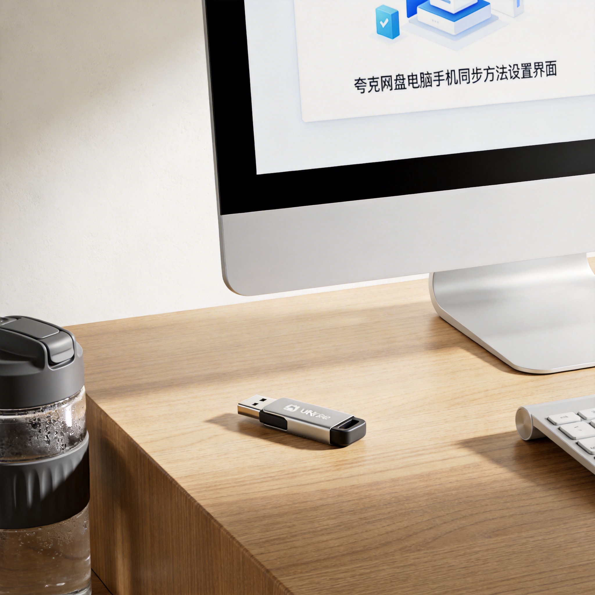 书桌上的U盘，屏幕显示夸克网盘电脑手机同步方法设置界面，桌角放着水杯，自然光