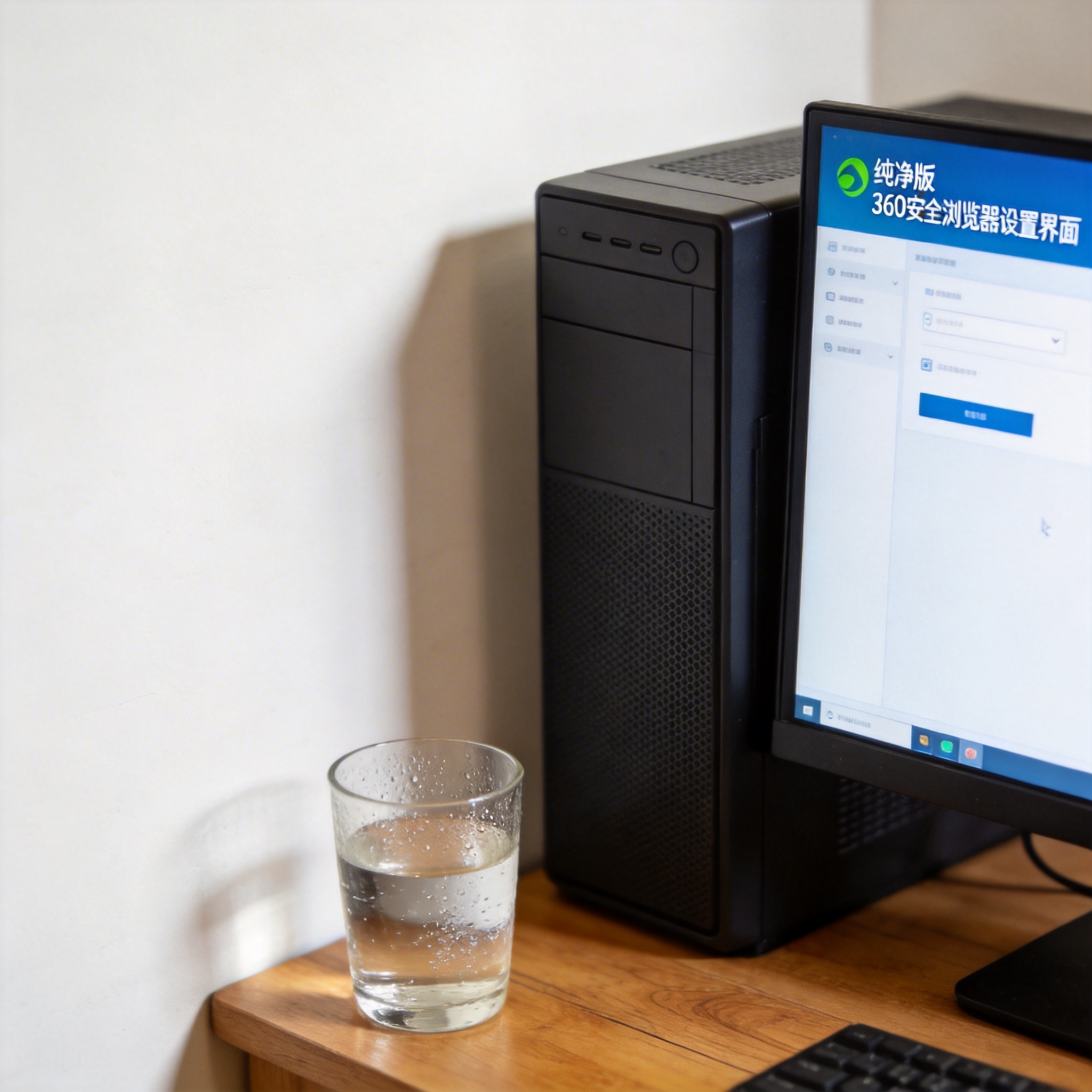 书桌上的主机，屏幕显示纯净版 360 安全浏览器设置界面，桌角放着水杯，自然光