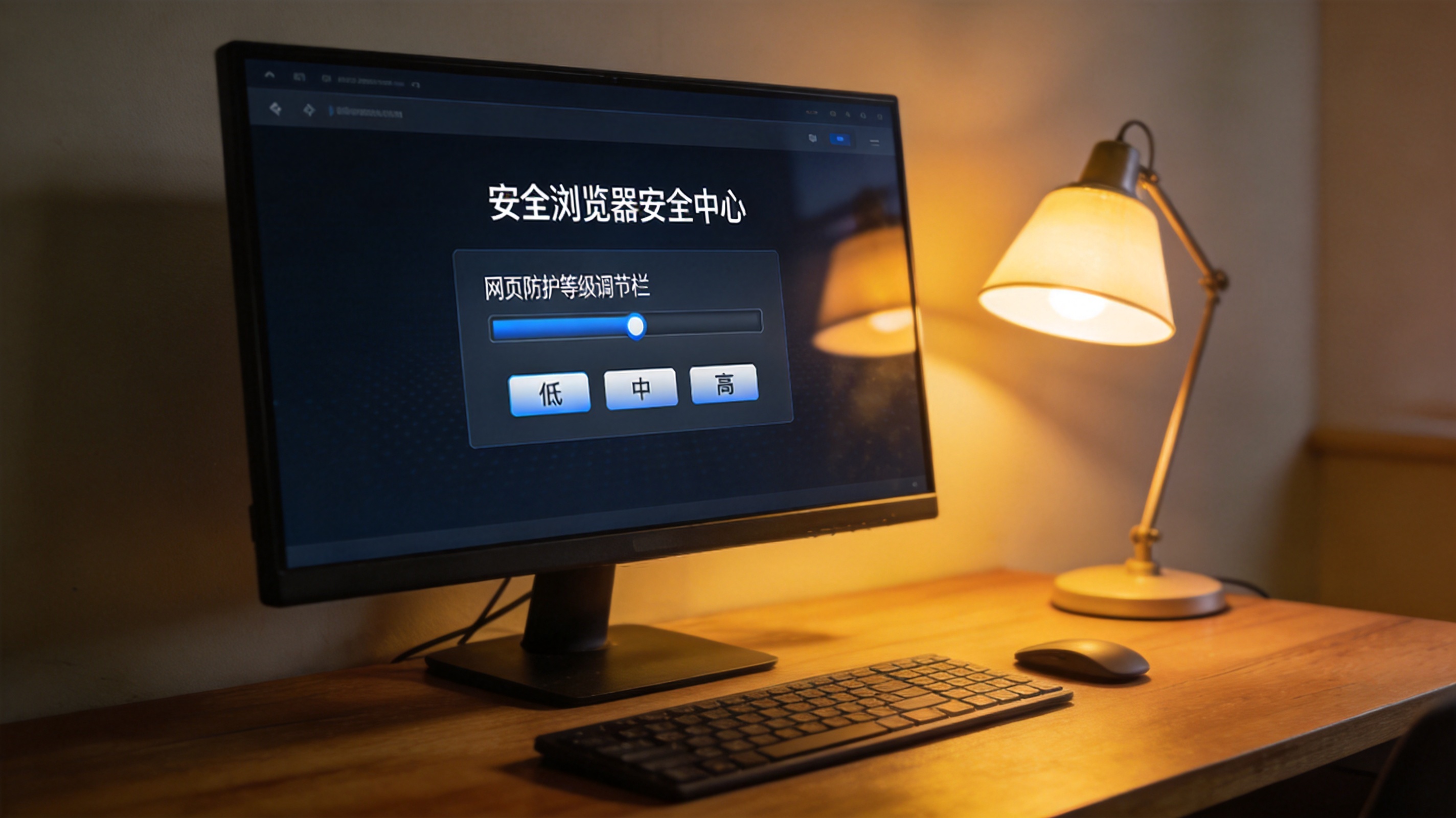 电脑屏幕显示安全浏览器安全中心页面，网页防护的等级调节栏清晰可见，旁边摆着一盏打开的台灯，光线偏暖
