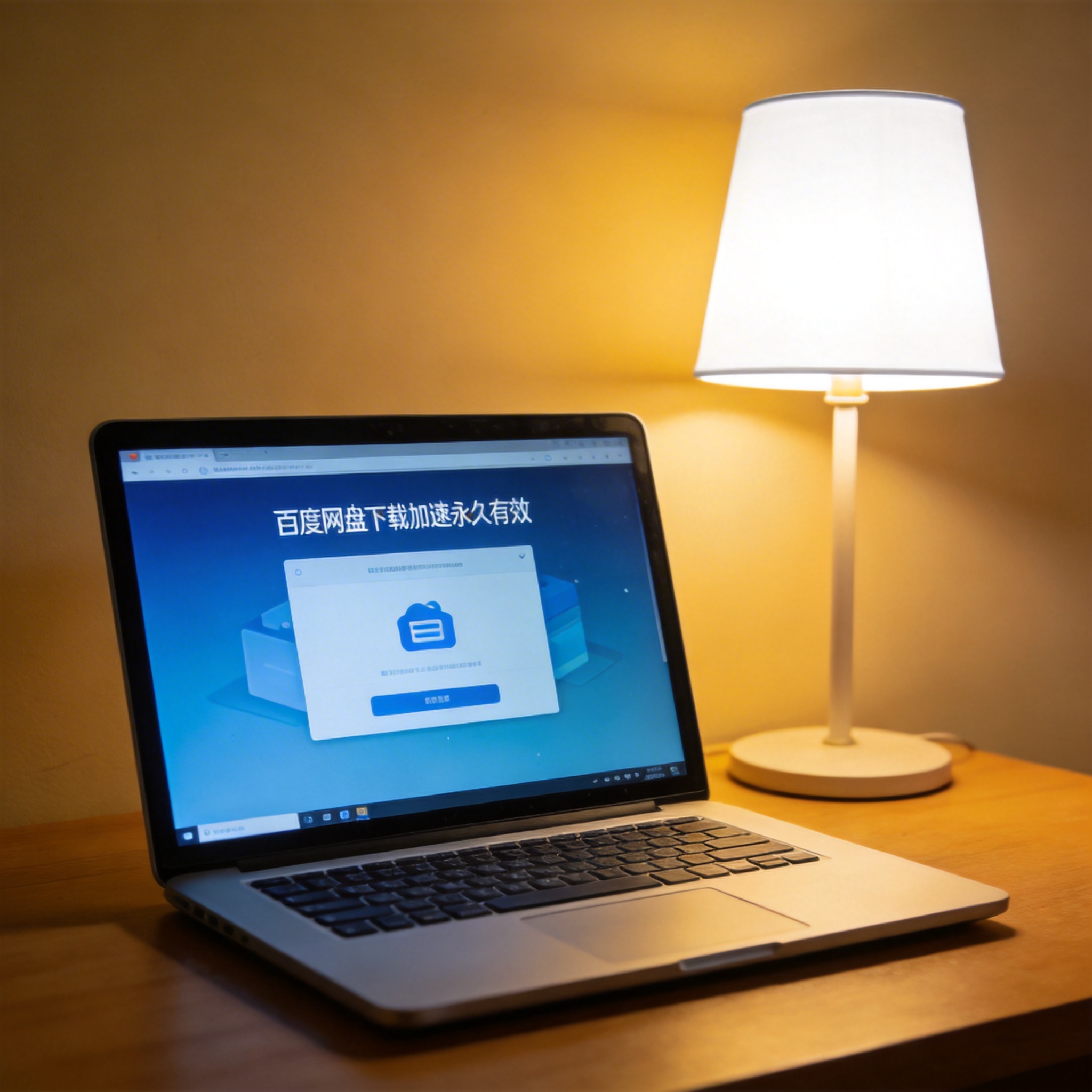 电脑桌上的电脑，屏幕显示百度网盘下载加速永久有效界面，旁边放着台灯