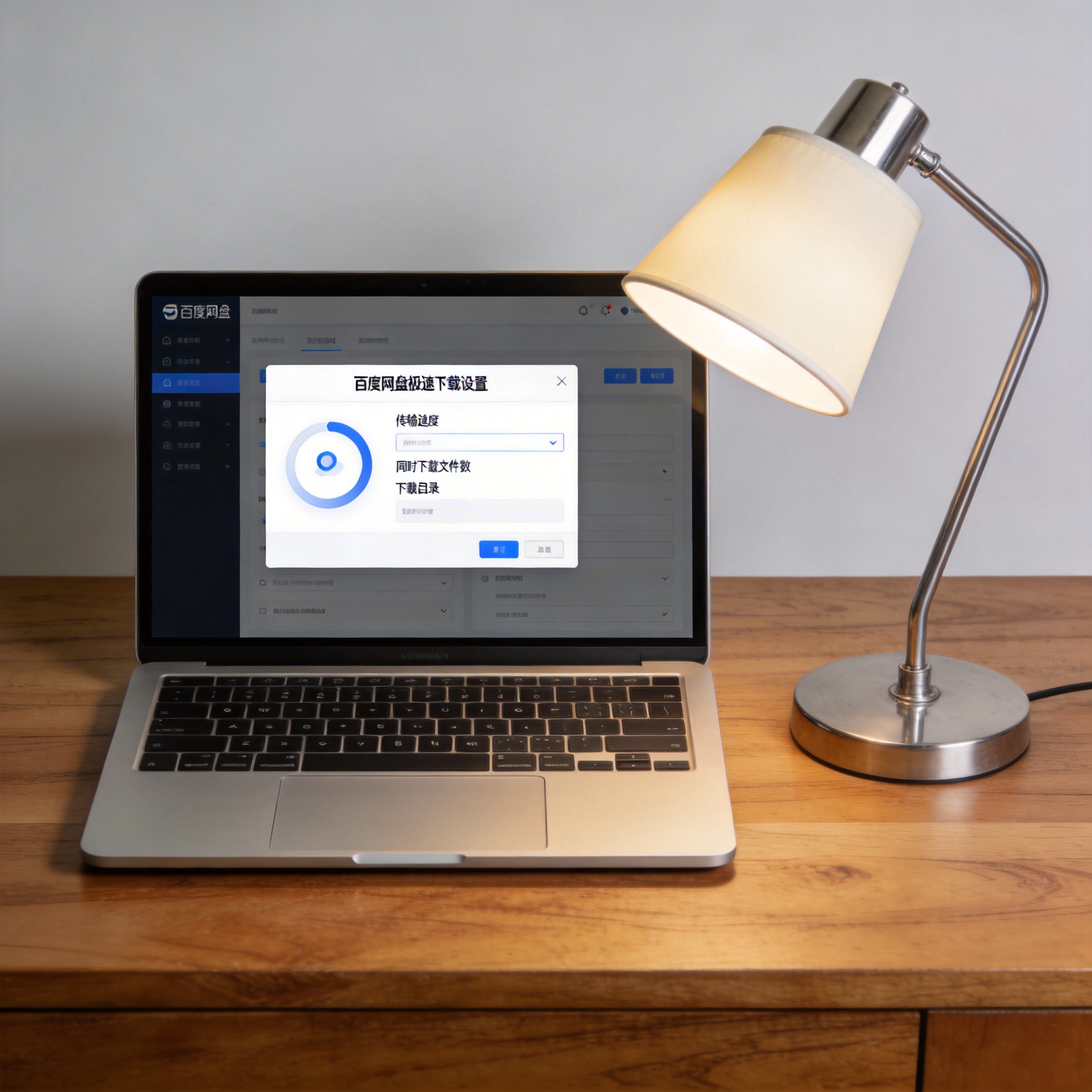 电脑桌上的电脑，屏幕显示百度网盘极速下载设置界面，旁边放着台灯