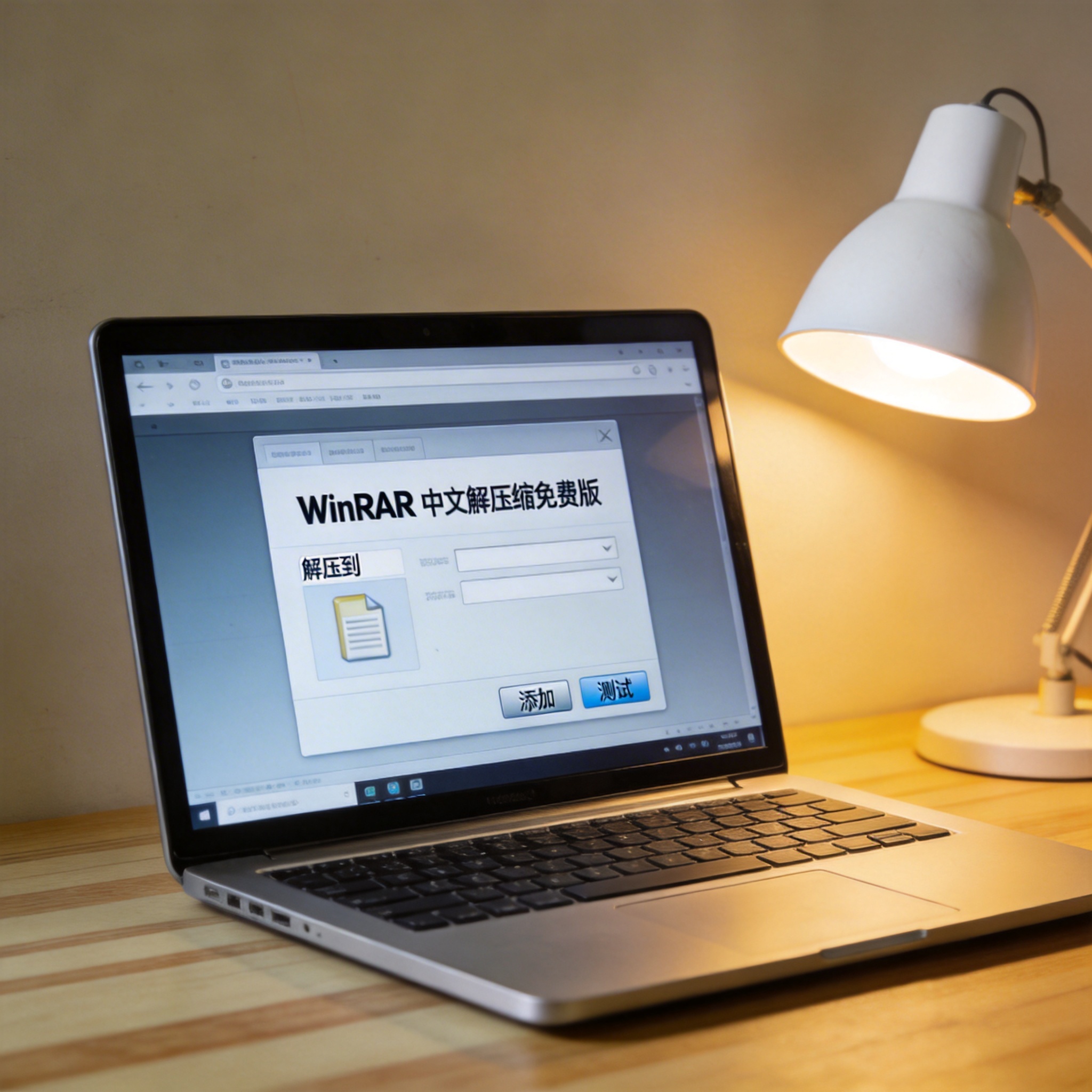 电脑桌上的电脑，屏幕显示winrar 中文解压缩免费版界面，旁边放着台灯