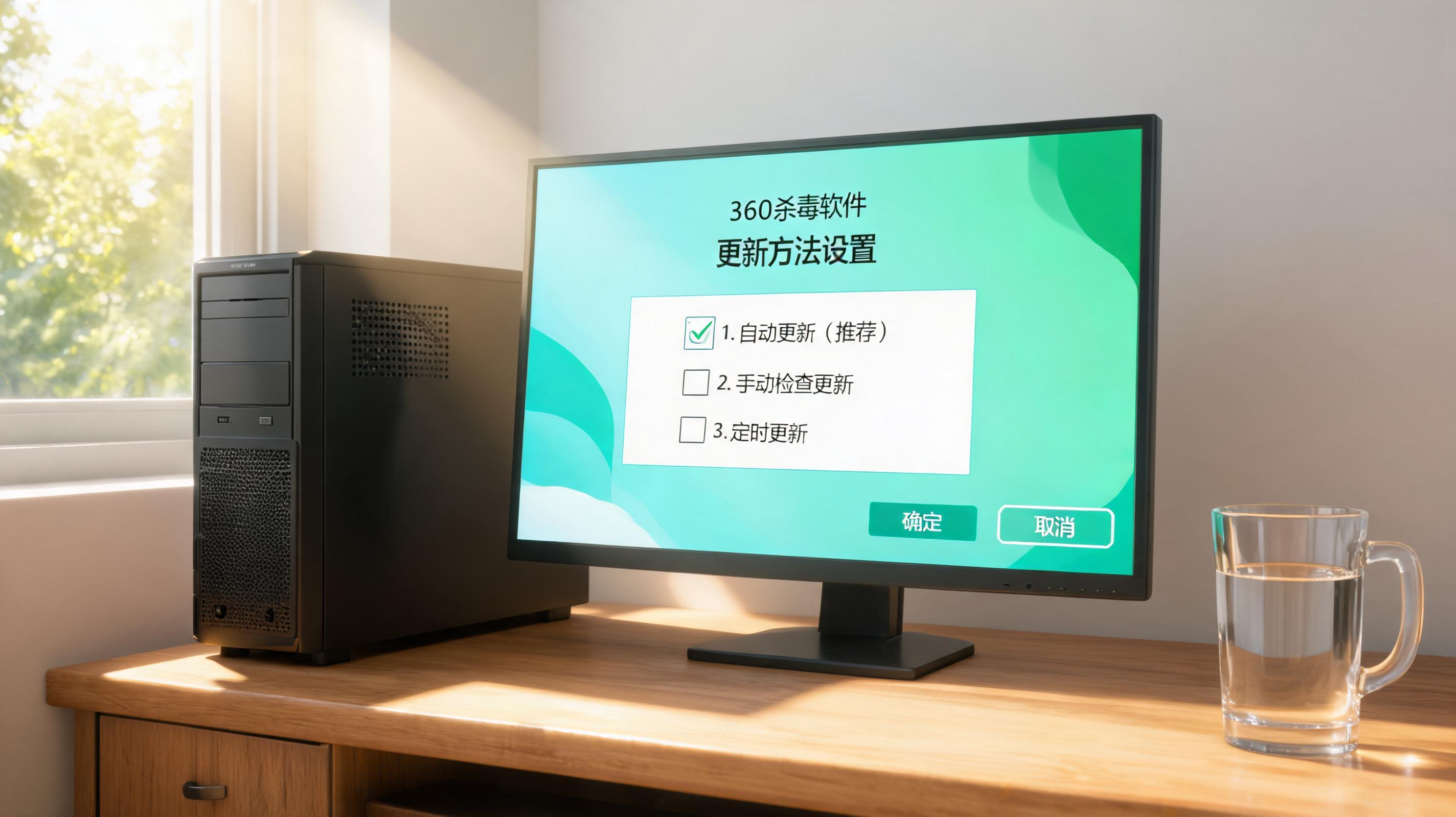 书桌上的主机，屏幕显示360 杀毒软件更新方法设置界面，桌角放着水杯，自然光