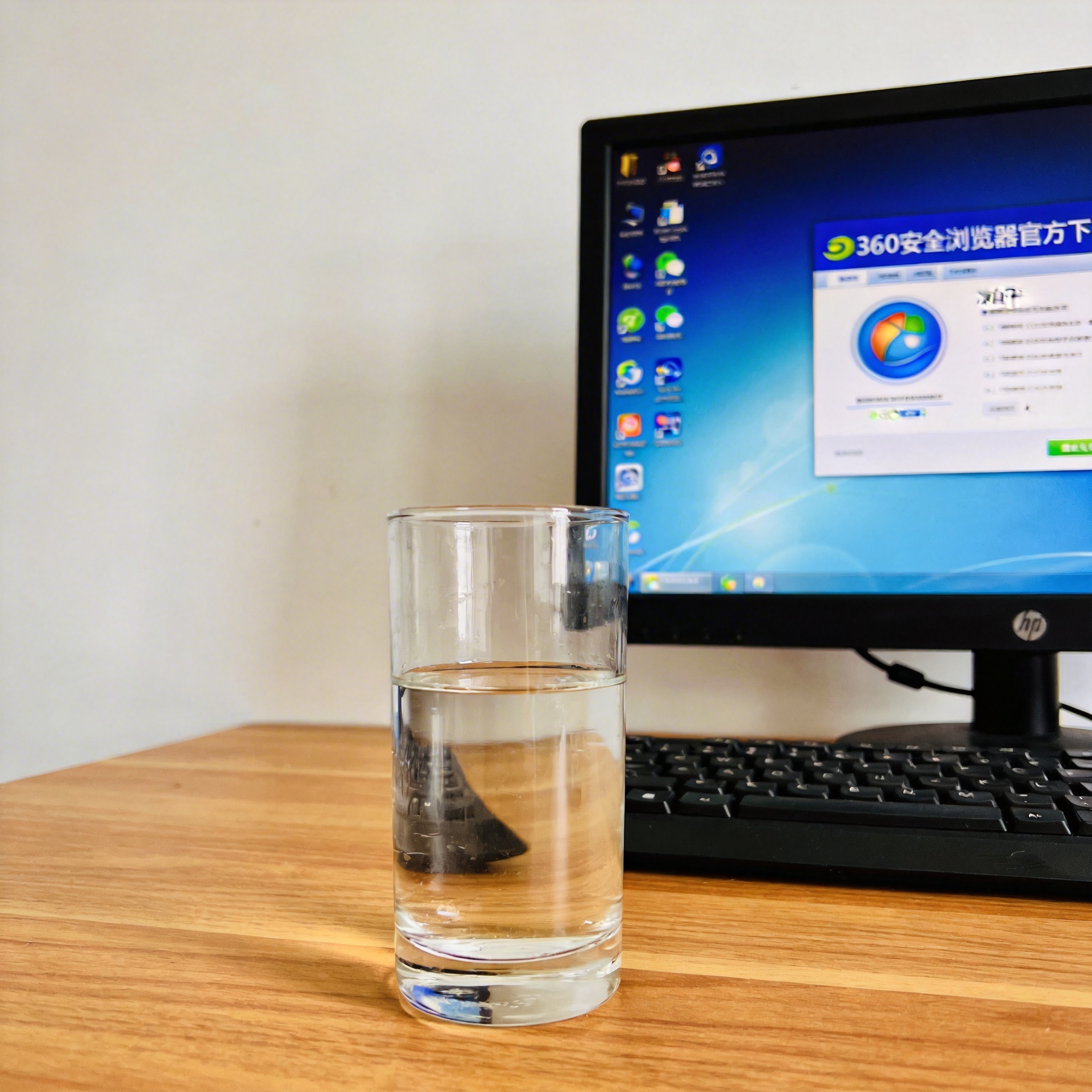 电脑桌的Windows系统电脑，屏幕显示360安全浏览器官方下载页面，旁边放着半杯凉白开，室内自然光