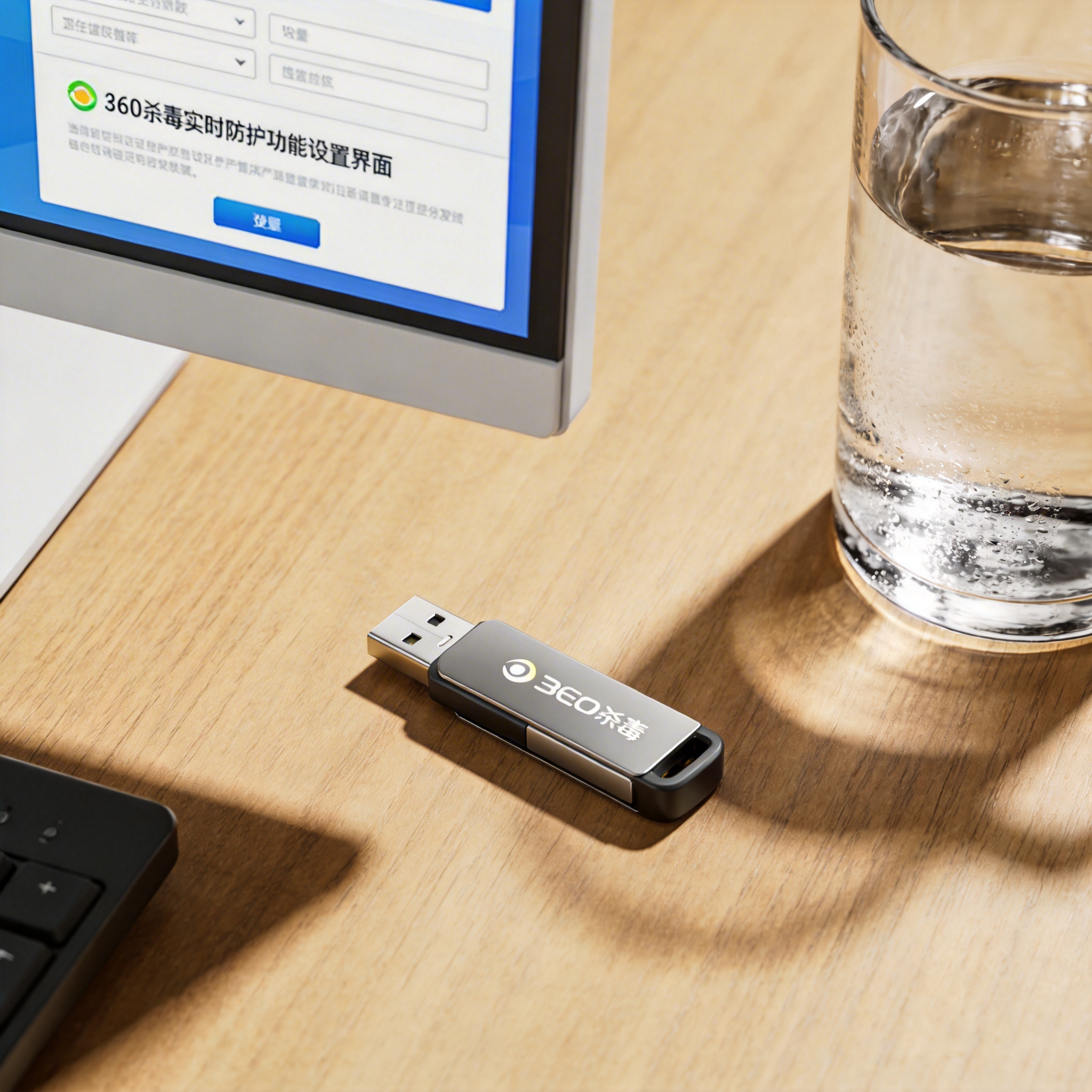 书桌上的U盘，屏幕显示360 杀毒实时防护功能设置界面，桌角放着水杯，自然光