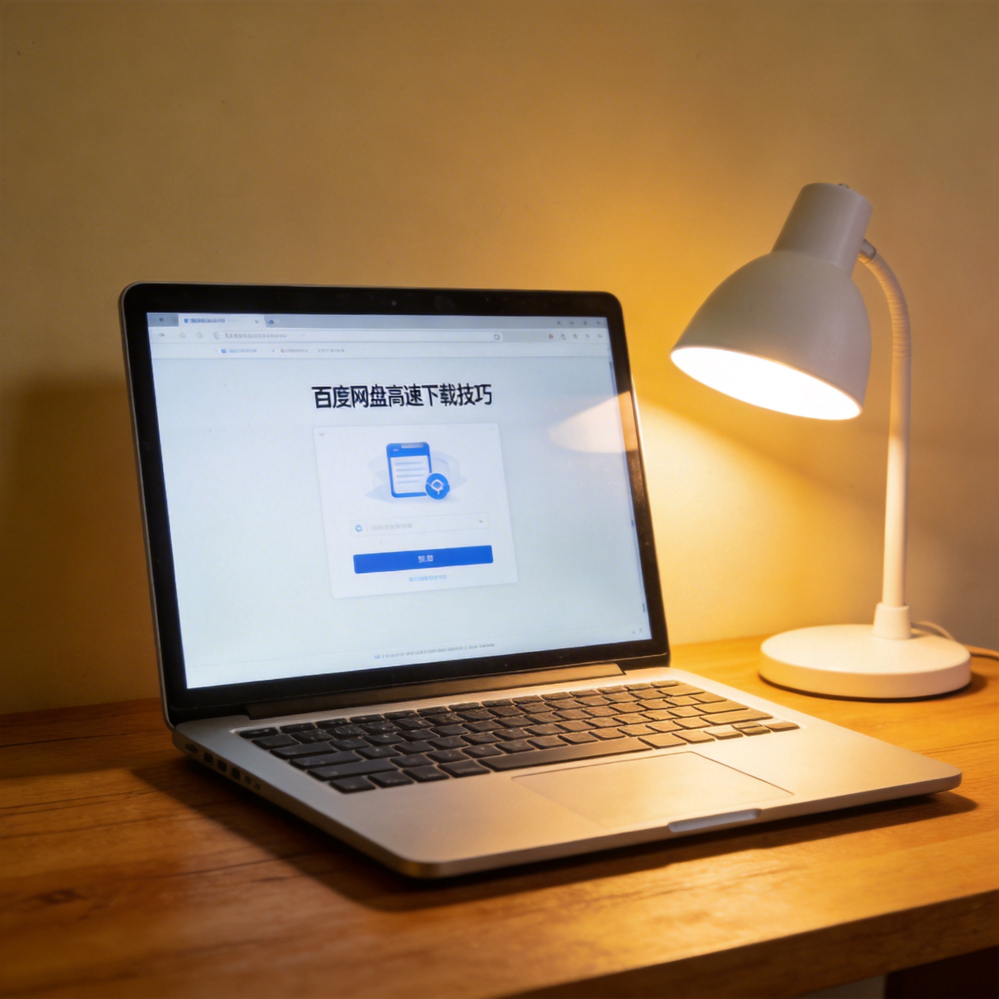 电脑桌上的电脑，屏幕显示百度网盘高速下载技巧界面，旁边放着台灯