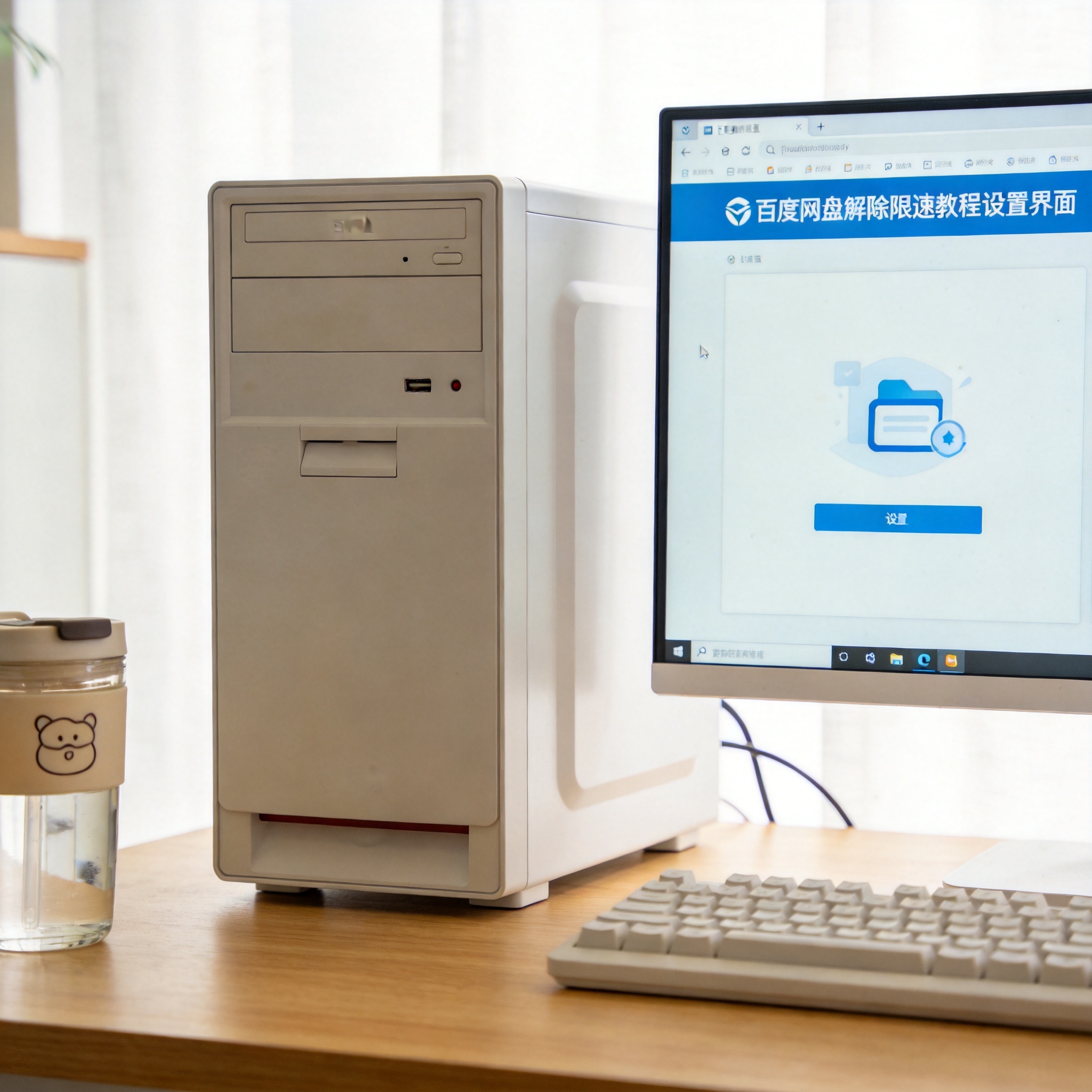 书桌上的主机，屏幕显示百度网盘解除限速教程设置界面，桌角放着水杯，自然光