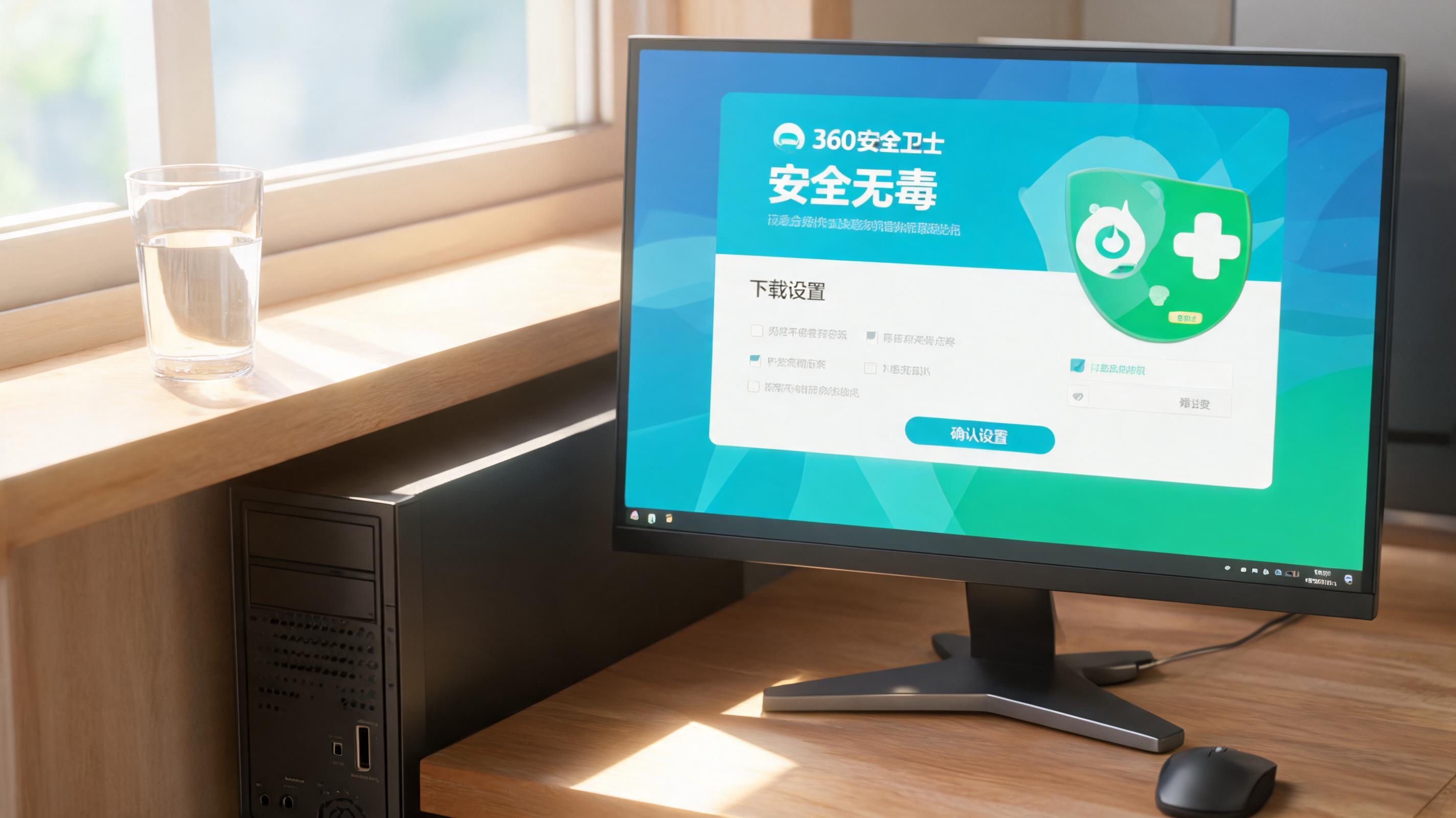书桌上的主机，屏幕显示360 安全卫士安全无毒下载设置界面，桌角放着水杯，自然光