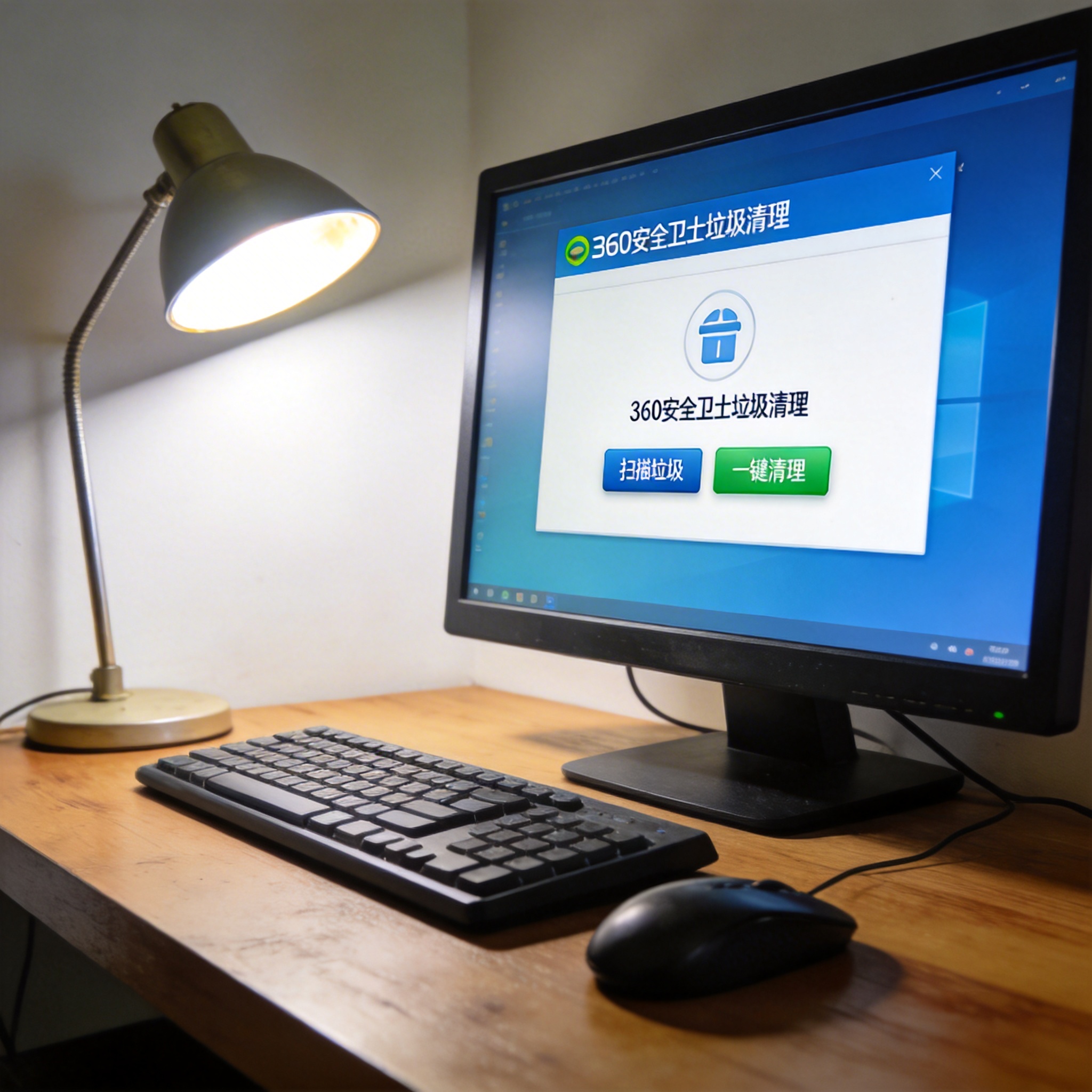 电脑桌上的电脑，屏幕显示360 安全卫士垃圾清理界面，旁边放着台灯