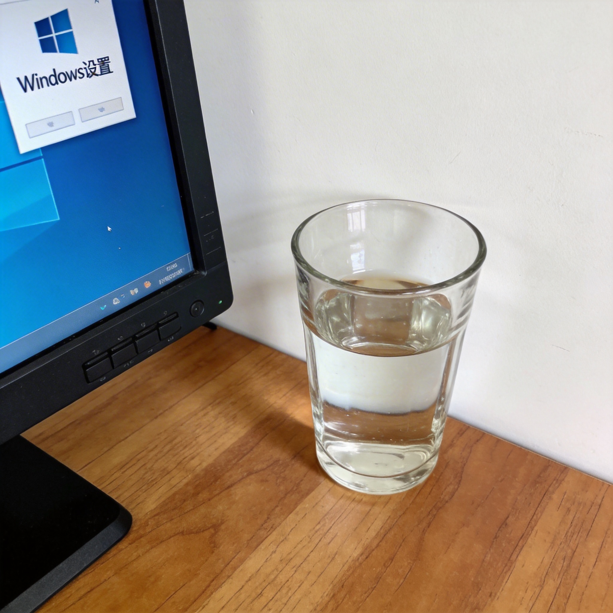 书桌上的主机，屏幕显示Windows设置界面，桌角放着水杯，自然光