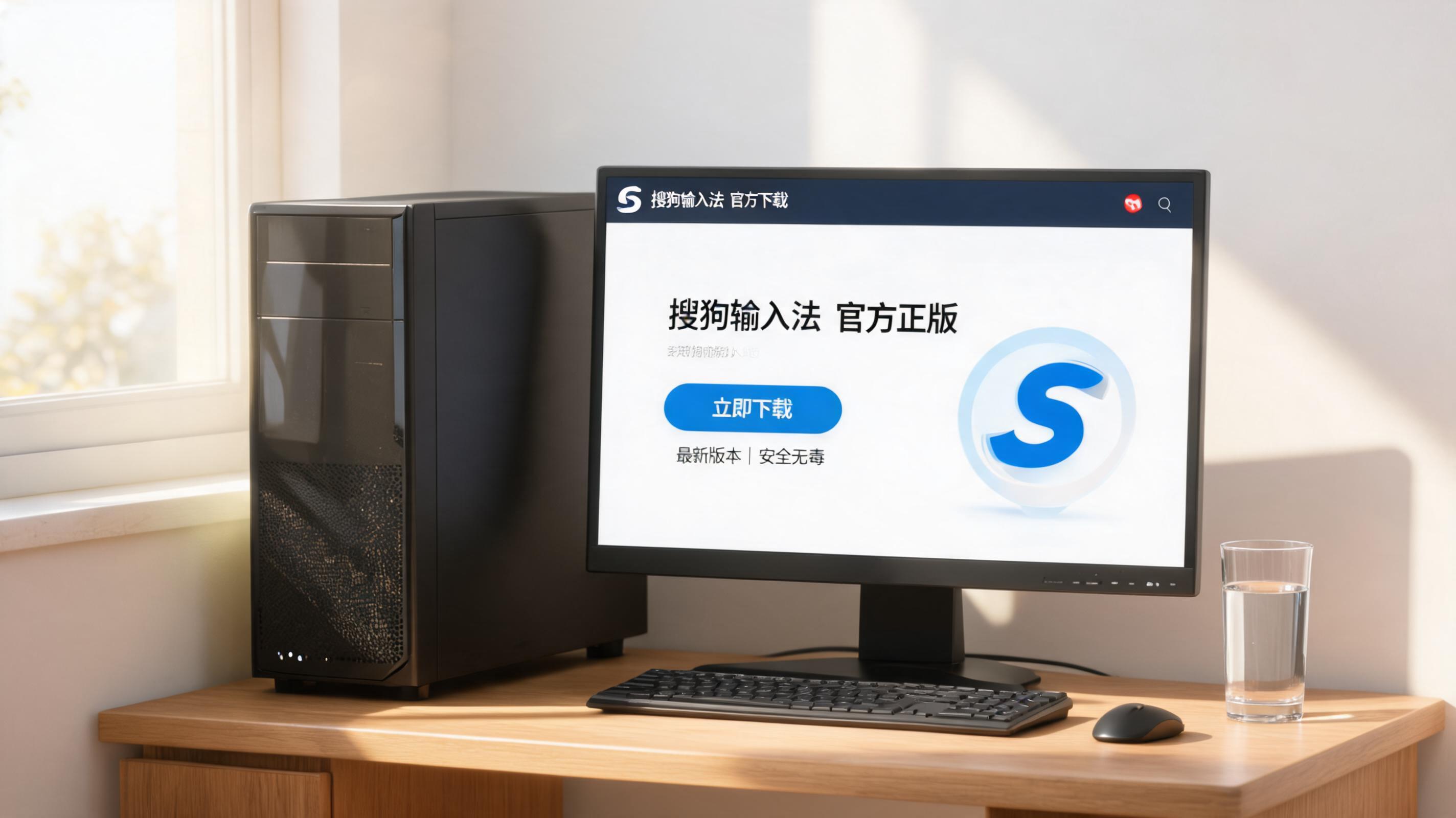 书桌上的主机，屏幕显示搜狗输入法官方下载设置界面，桌角放着水杯，自然光
