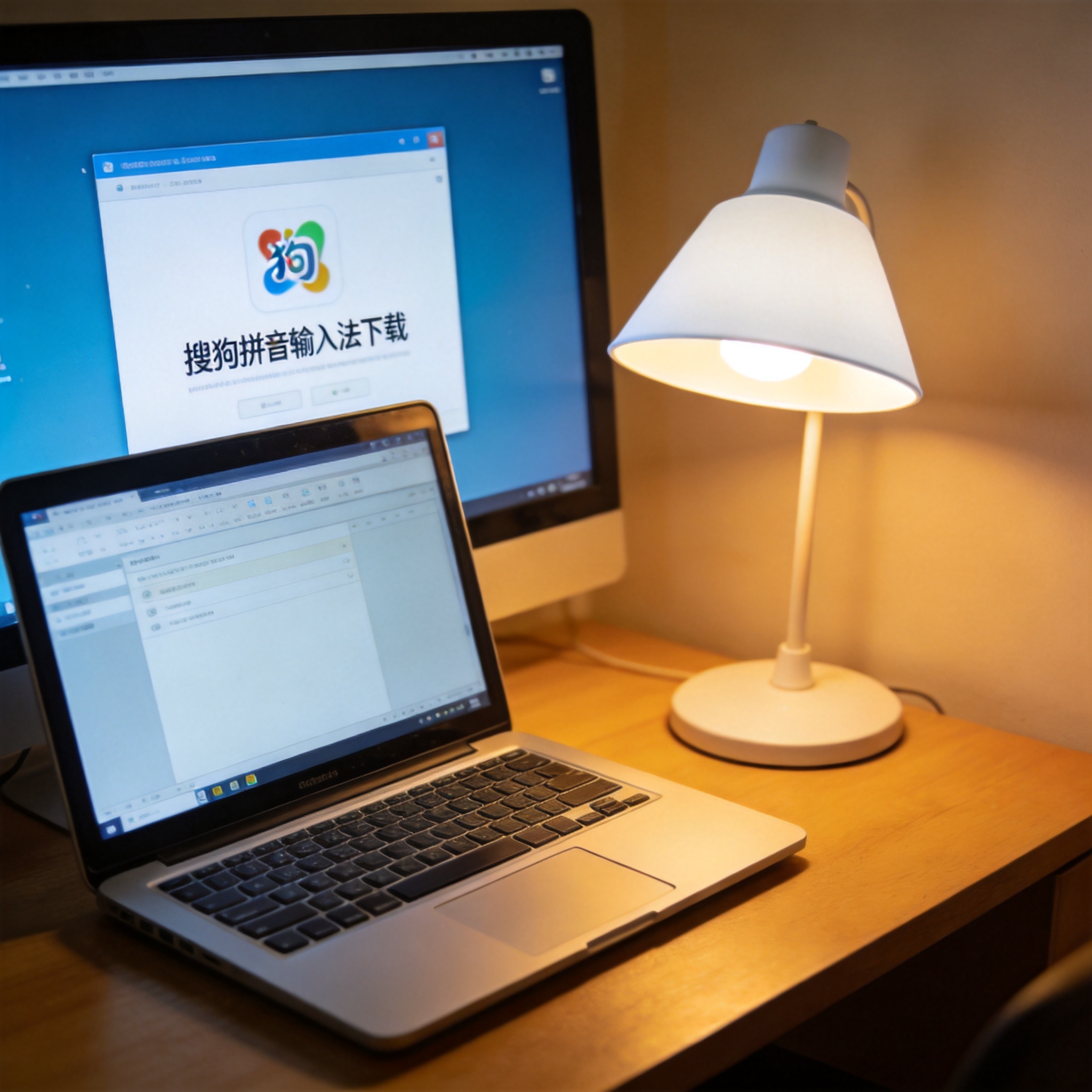 电脑桌上的电脑，屏幕显示搜狗拼音下载界面，旁边放着台灯
