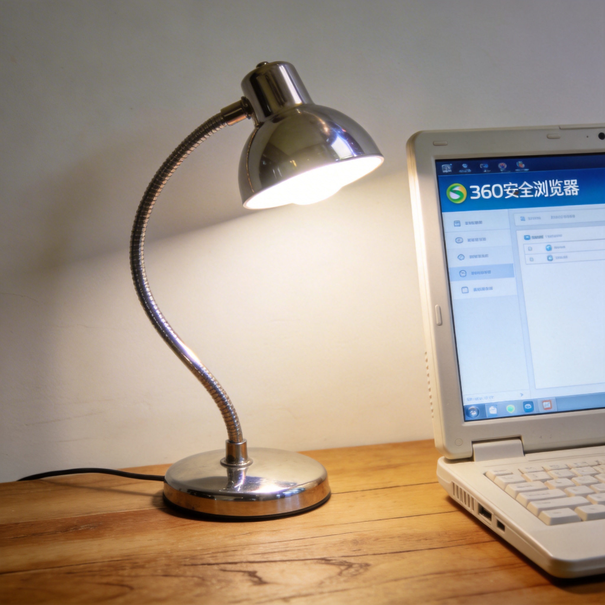 电脑桌上的电脑，屏幕显示桌面端 360 安全浏览器桌面，旁边放着台灯
