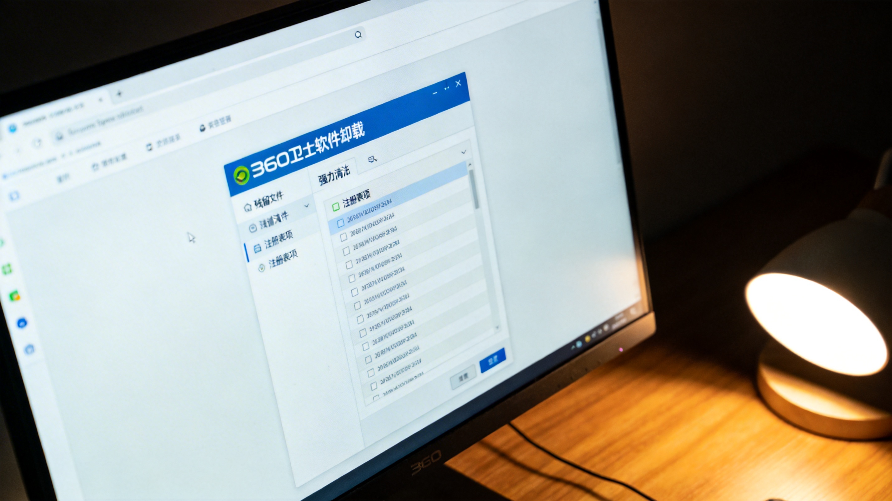 电脑屏幕显示360卫士软件卸载的强力清扫界面，界面显示扫描出的残留文件和注册表项，桌面角落有台灯光线