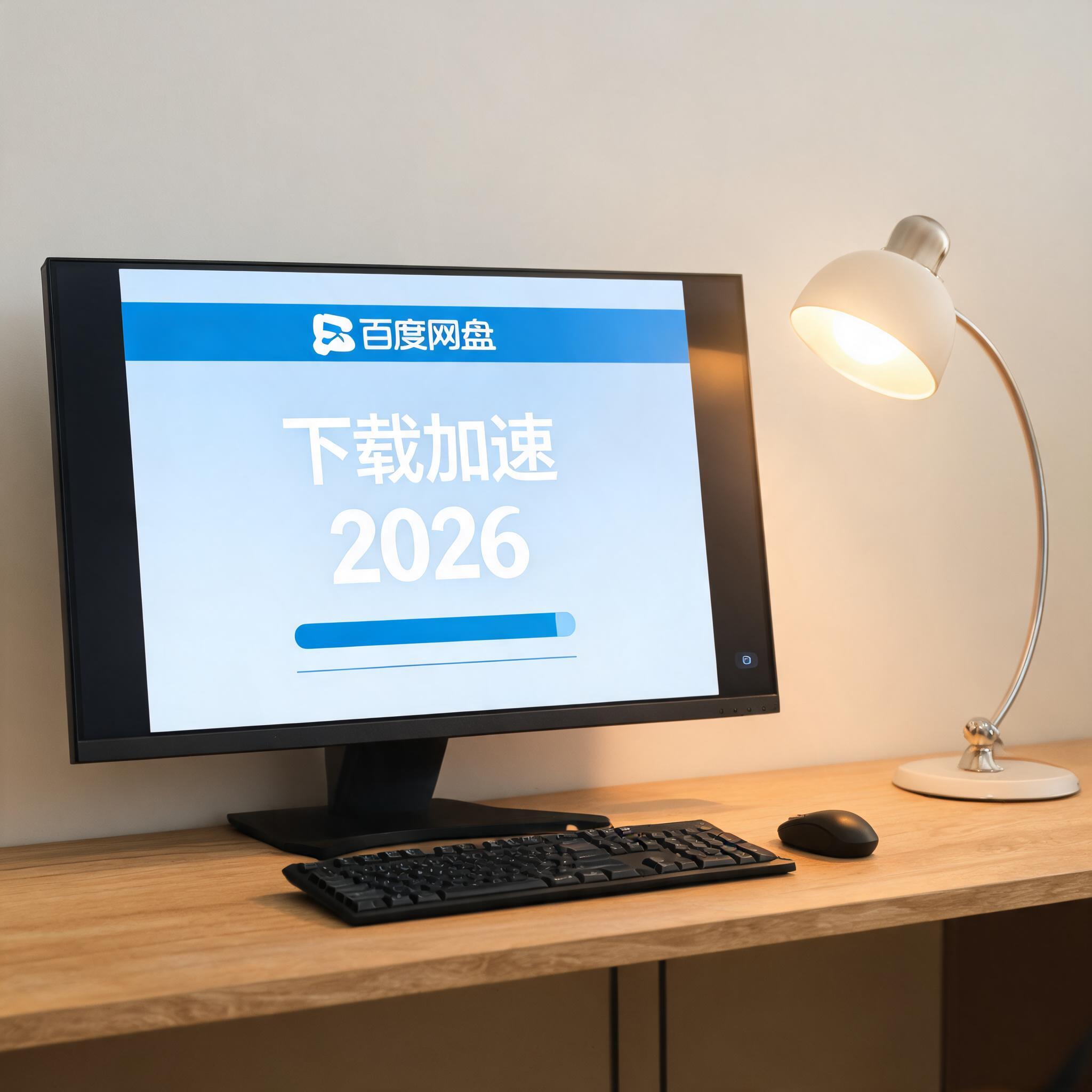 电脑桌上的电脑，屏幕显示百度网盘下载加速 2026界面，旁边放着台灯