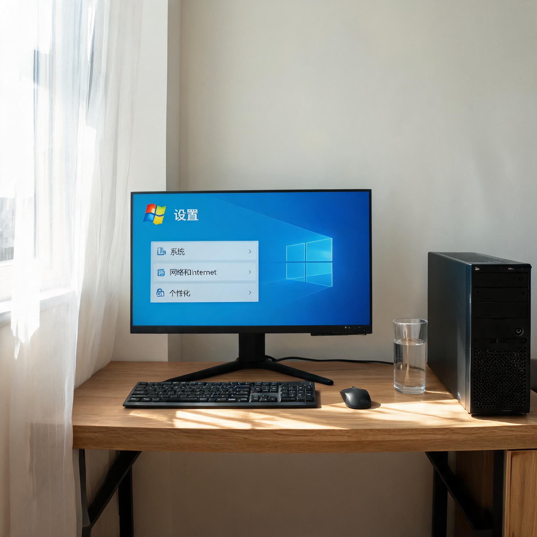 书桌上的主机，屏幕显示Windows设置界面，桌角放着水杯，自然光