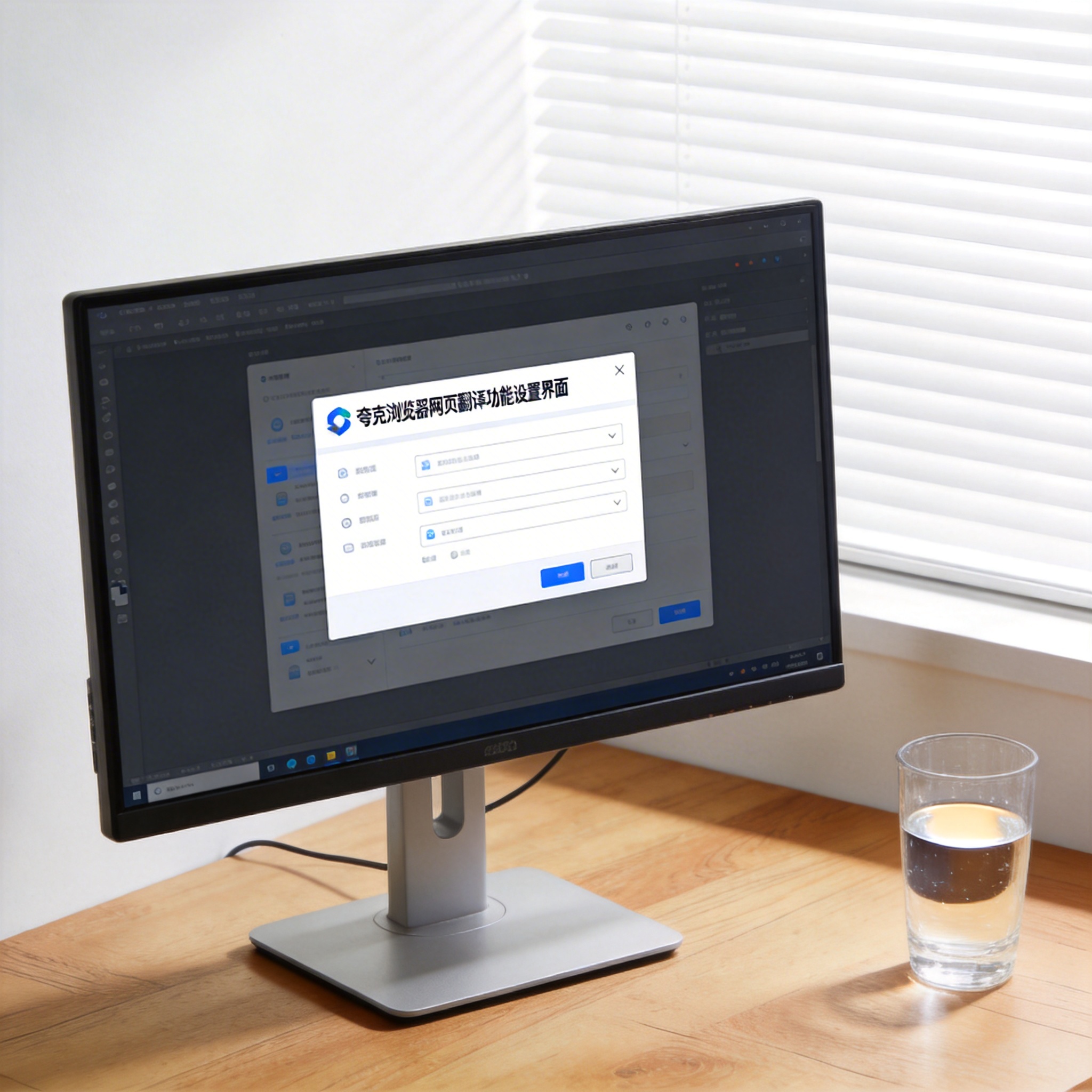 书桌上的主机，屏幕显示夸克浏览器网页翻译功能设置界面，桌角放着水杯，自然光