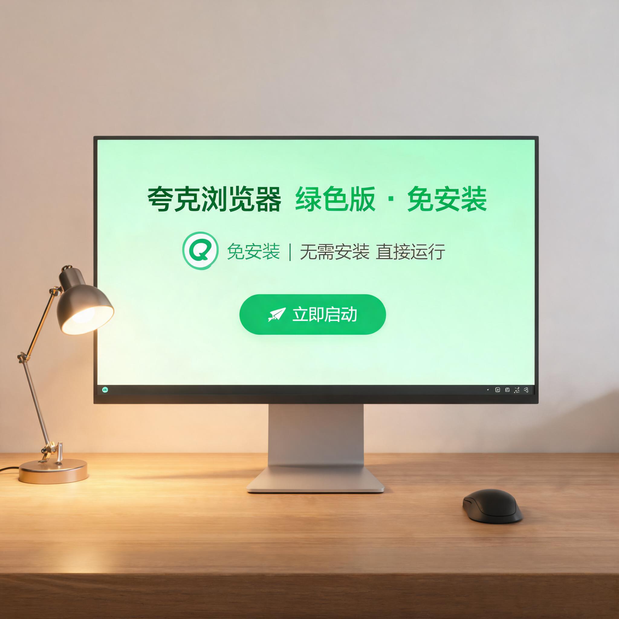 电脑桌上的电脑，屏幕显示夸克浏览器绿色版免安装界面，旁边放着台灯