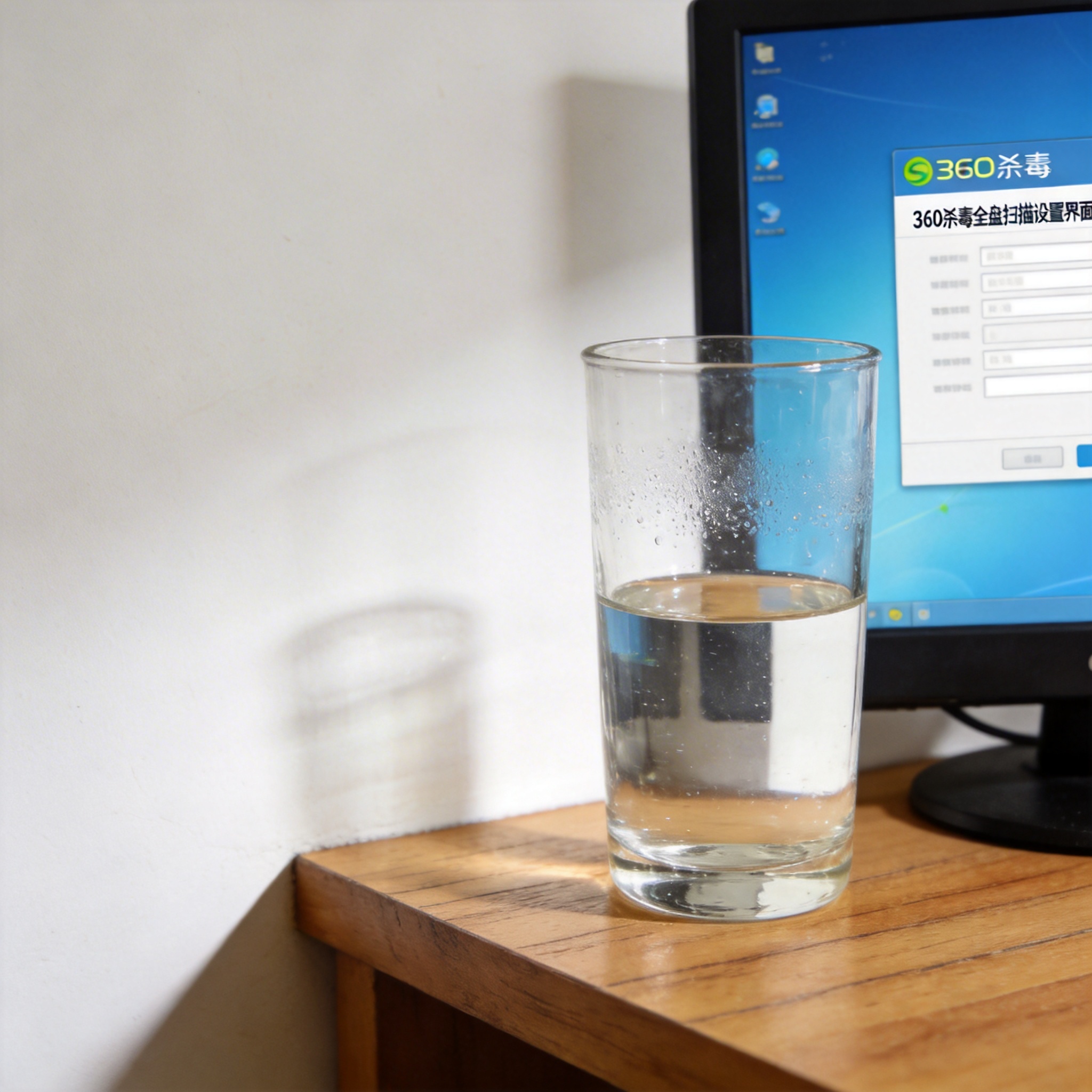 书桌上的电脑，屏幕显示360 杀毒全盘扫描设置界面，桌角放着水杯，自然光